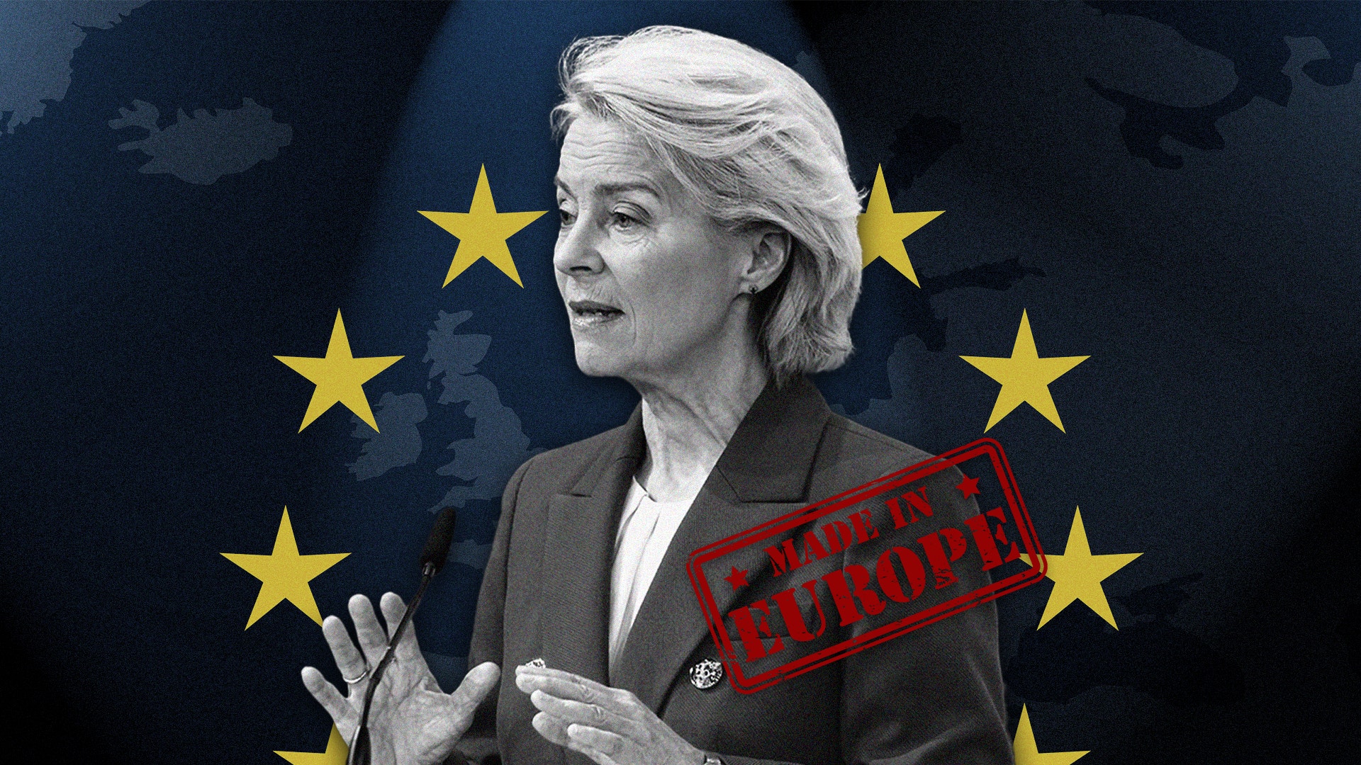 Porträtt av en kvinna framför EU-flagga med texten "Made in Europe"