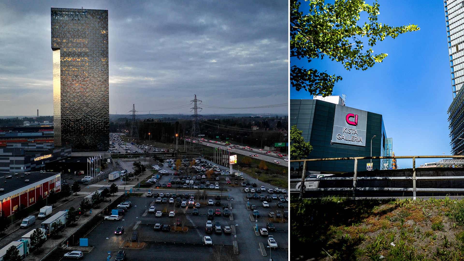 Två bilder från ett urbant område. Till vänster en stor parkeringsplats med många bilar vid skymningen, omgiven av höga byggnader och kraftledningar. Till höger en modern byggnad med grön vägg fotograferad på en solig dag med träd och blå himmel.