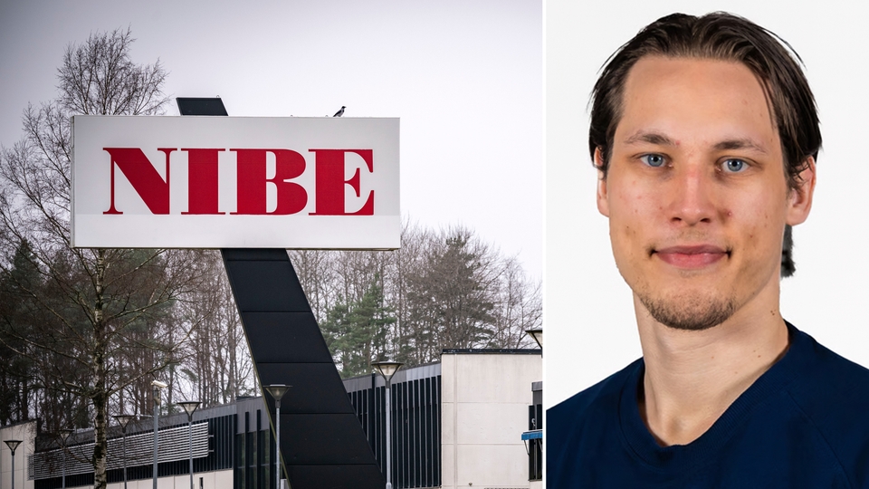 Skylt från Nibe-fabrik till vänster och Lucas Mattsson till höger.