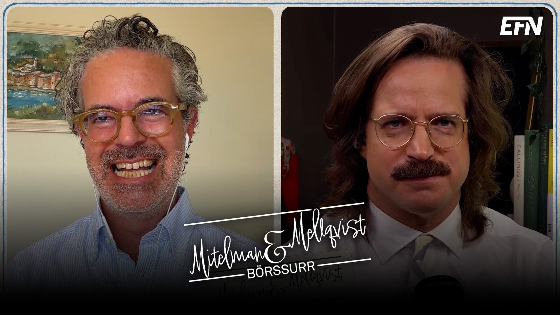 Sammansatt bild med två porträtt av män. Till vänster en man med grått hår och glasögon i blå skjorta. Till höger en man med långt mörkt hår och glasögon i kostym. Texten Michaels Idalgvist BÖRSSURR är placerad mellan bilderna.