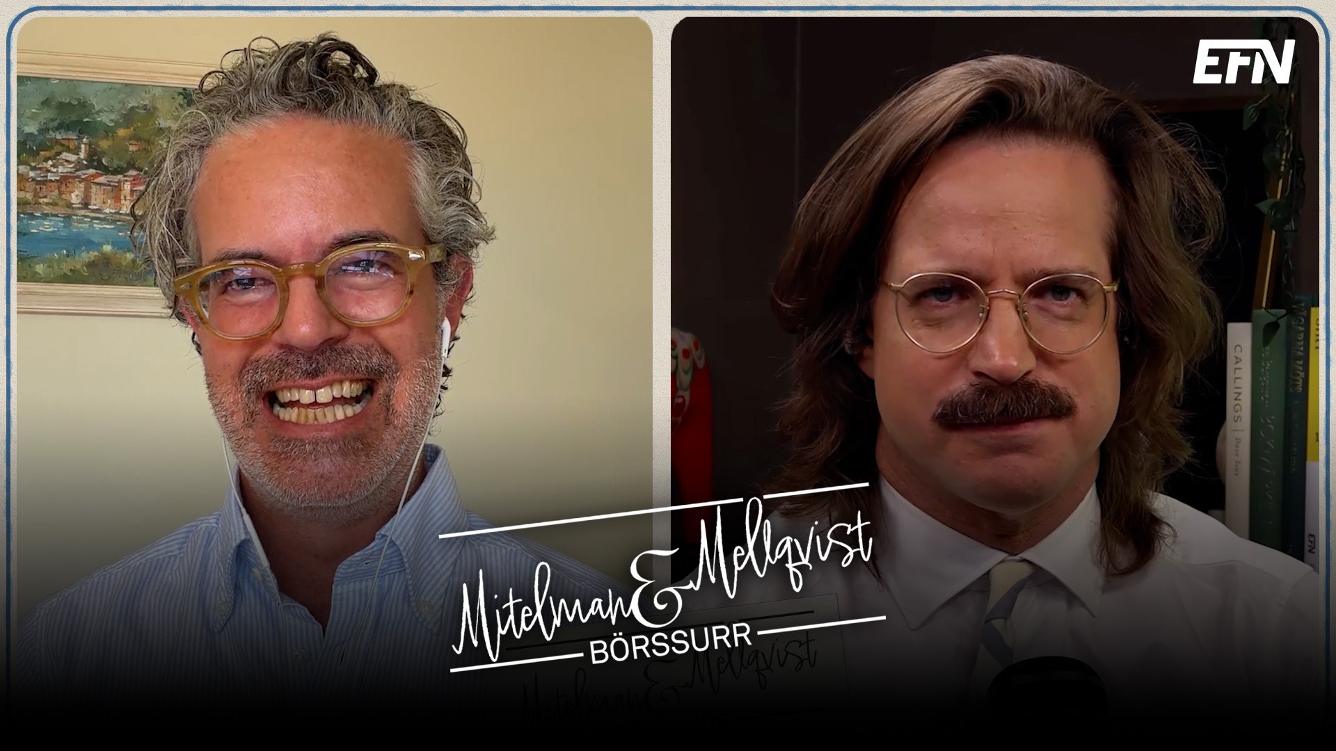 Sammansatt bild med två porträtt av män. Till vänster en man med grått hår och glasögon i blå skjorta. Till höger en man med långt mörkt hår och glasögon i kostym. Texten Michaels Idalgvist BÖRSSURR är placerad mellan bilderna.
