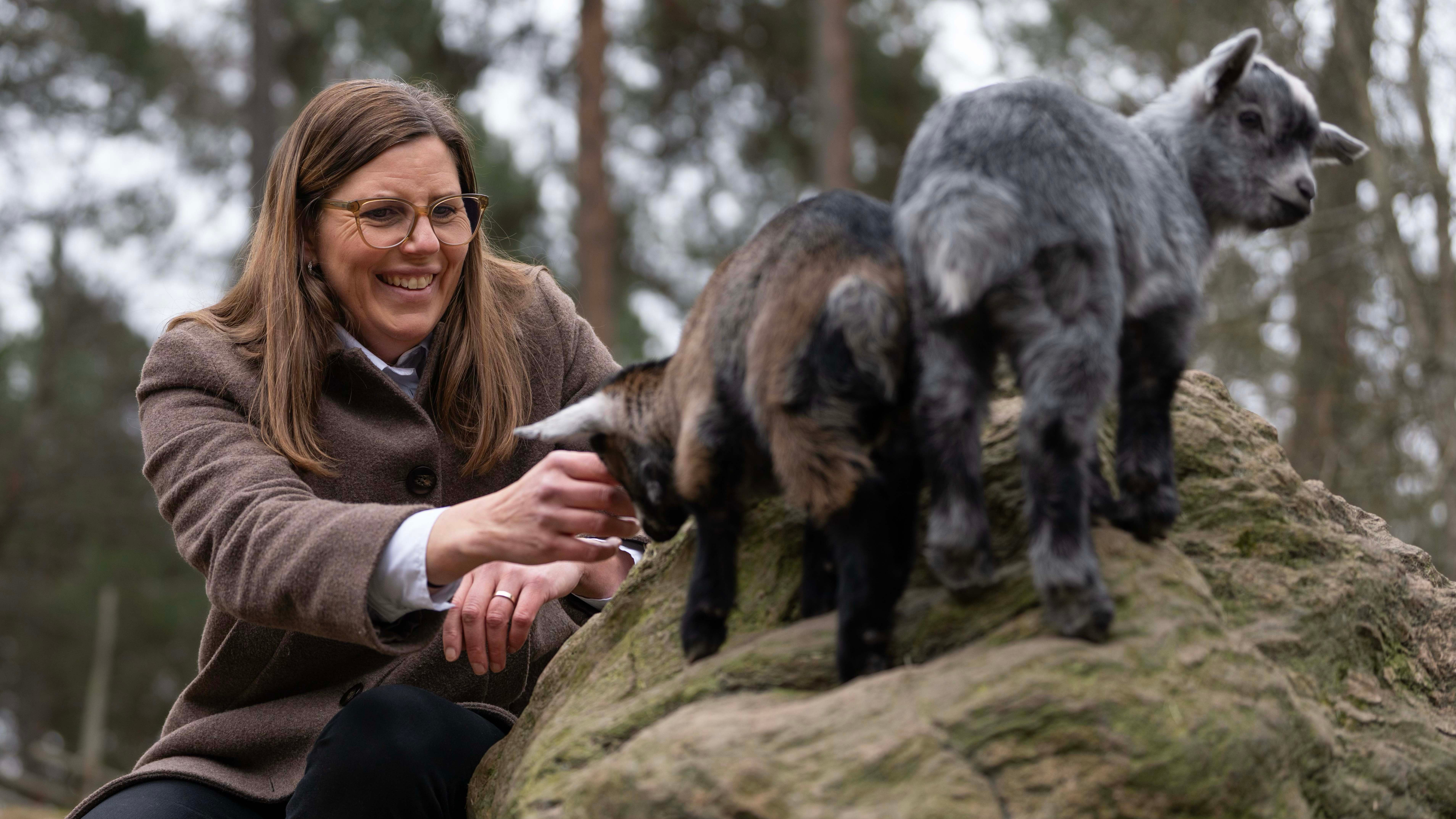 En kvinna som smeker getter på en mossig sten med skog i bakgrunden.