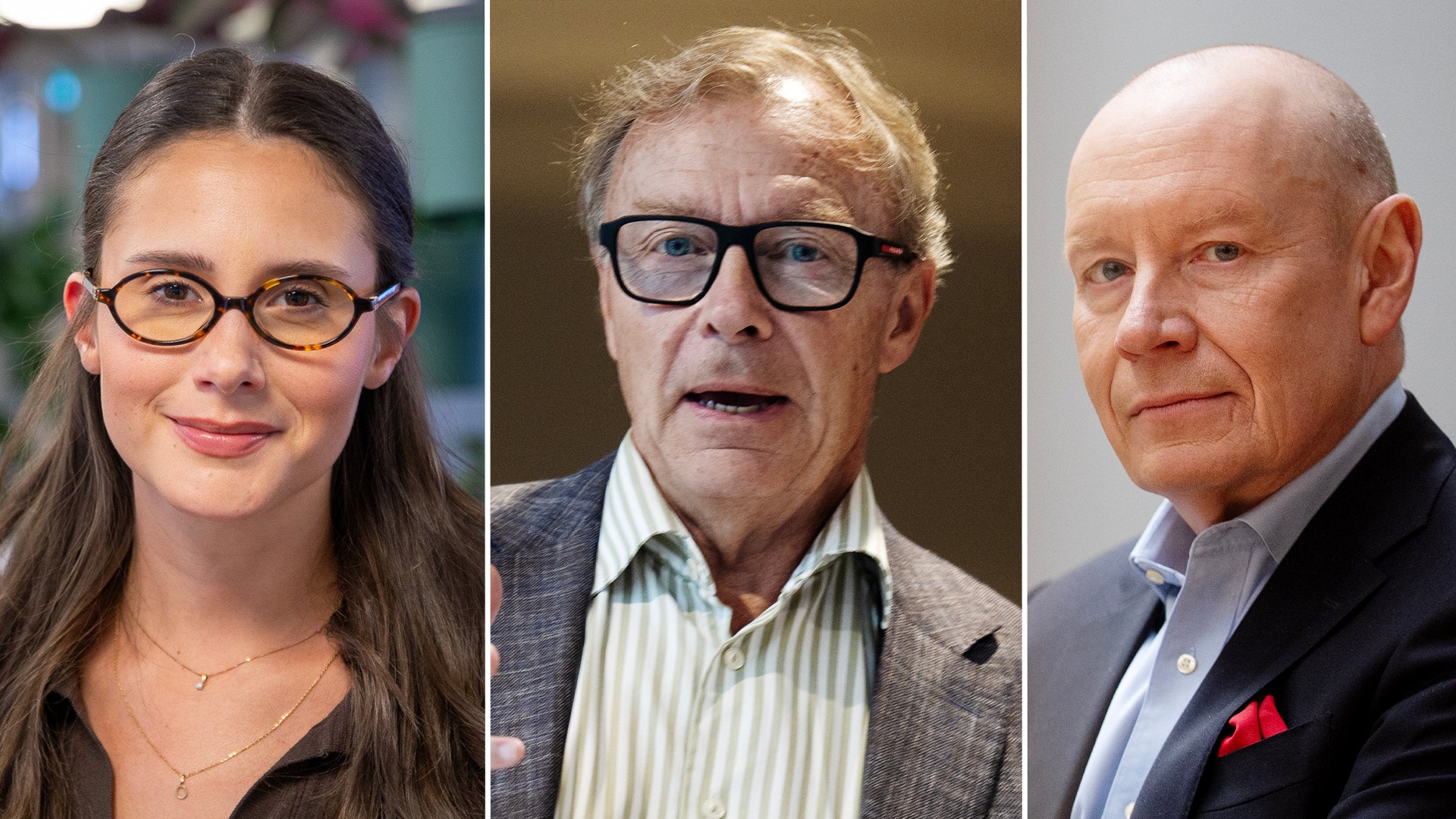 Tre porträttfoton av personer - en ung kvinna med glasögon, en äldre man med glasögon och en äldre man i kostym.