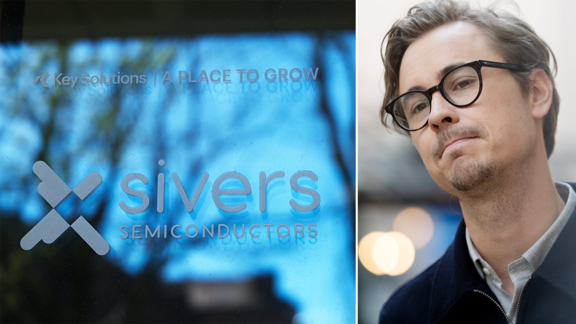 Sammansatt bild med Sivers Semiconductors logotyp och text på blå teknologibakgrund till vänster, och en man med glasögon till höger.