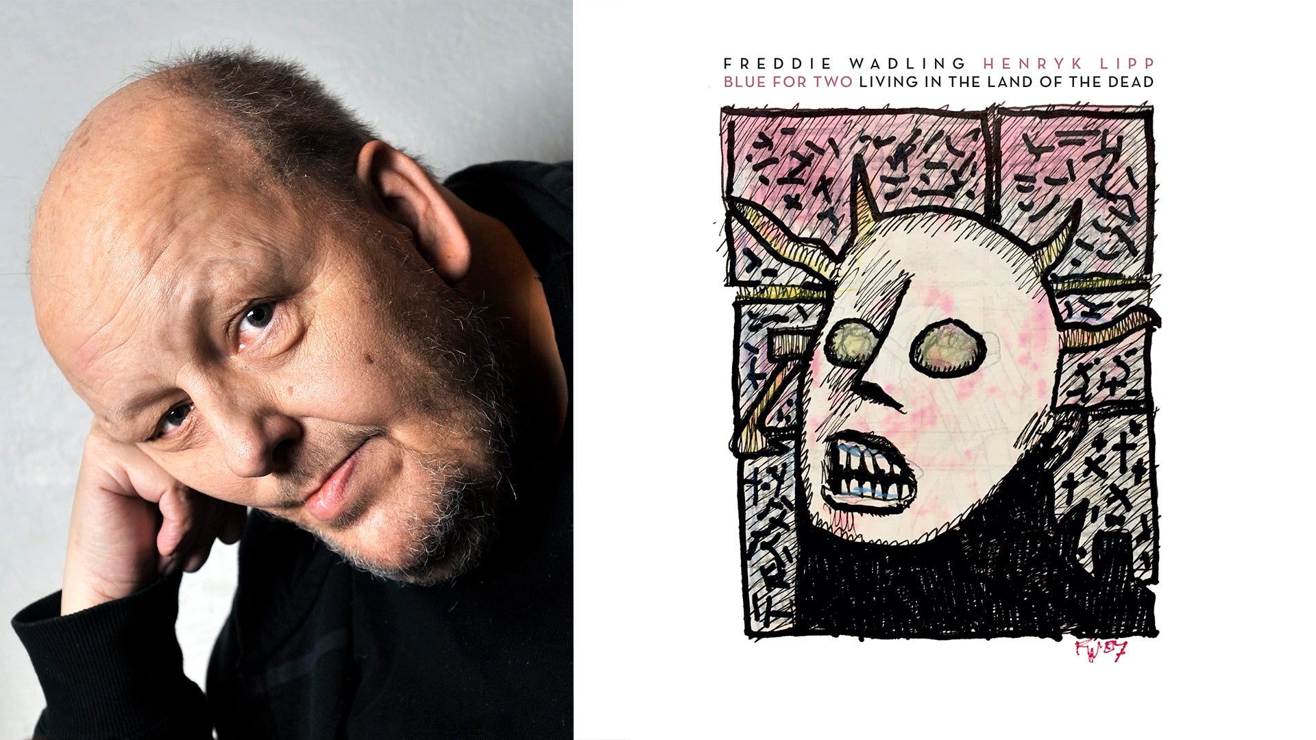Porträtt av Freddie Wadling - fotografi på vänster sida och svartvit illustration på höger sida med text om The Land of the Dead.