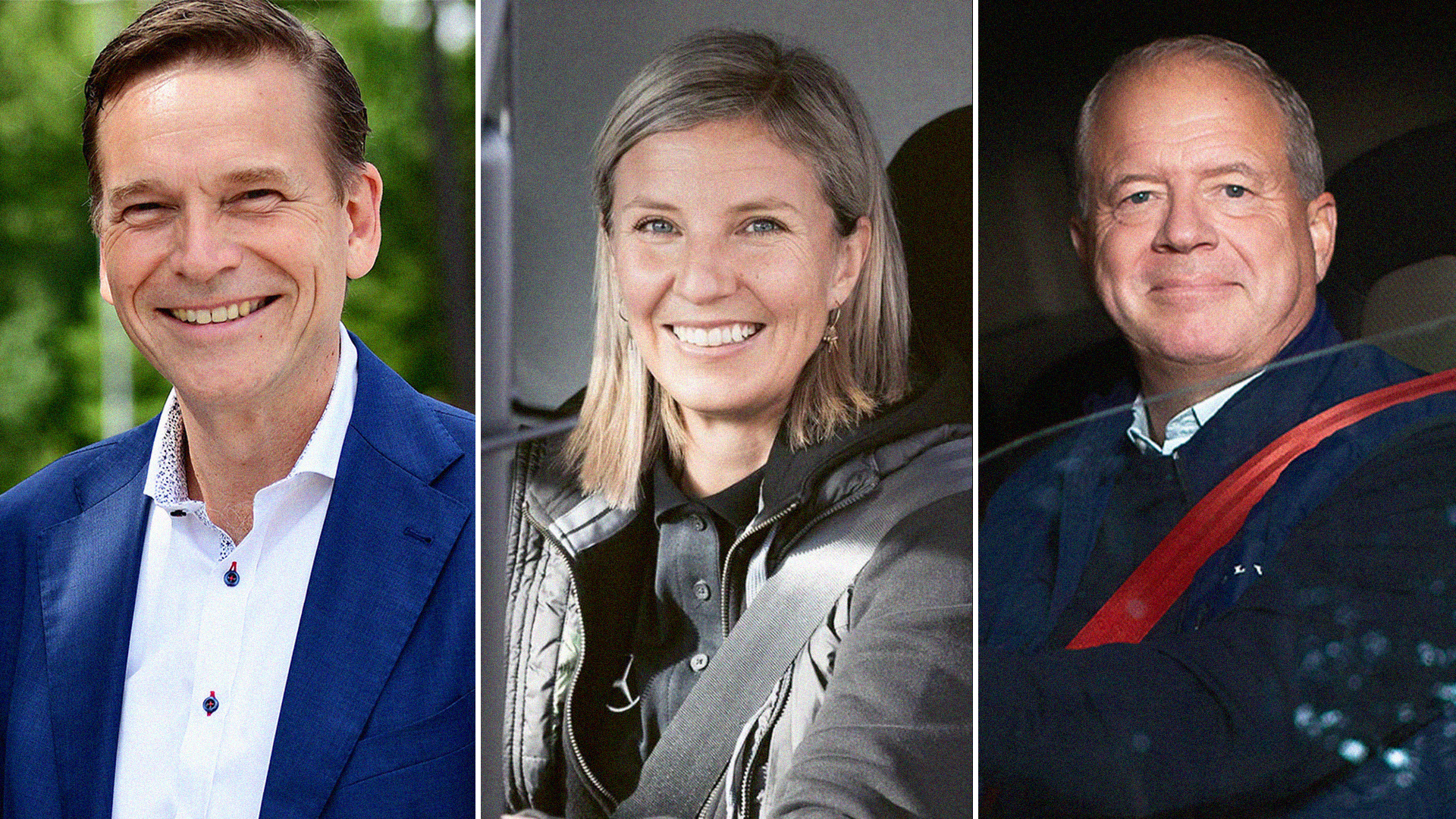 Tre porträttfoton av personer. Till vänster en man i blå kavaj, i mitten en kvinna med blont hår, och till höger en man i mörkblå tröja med röd rand.