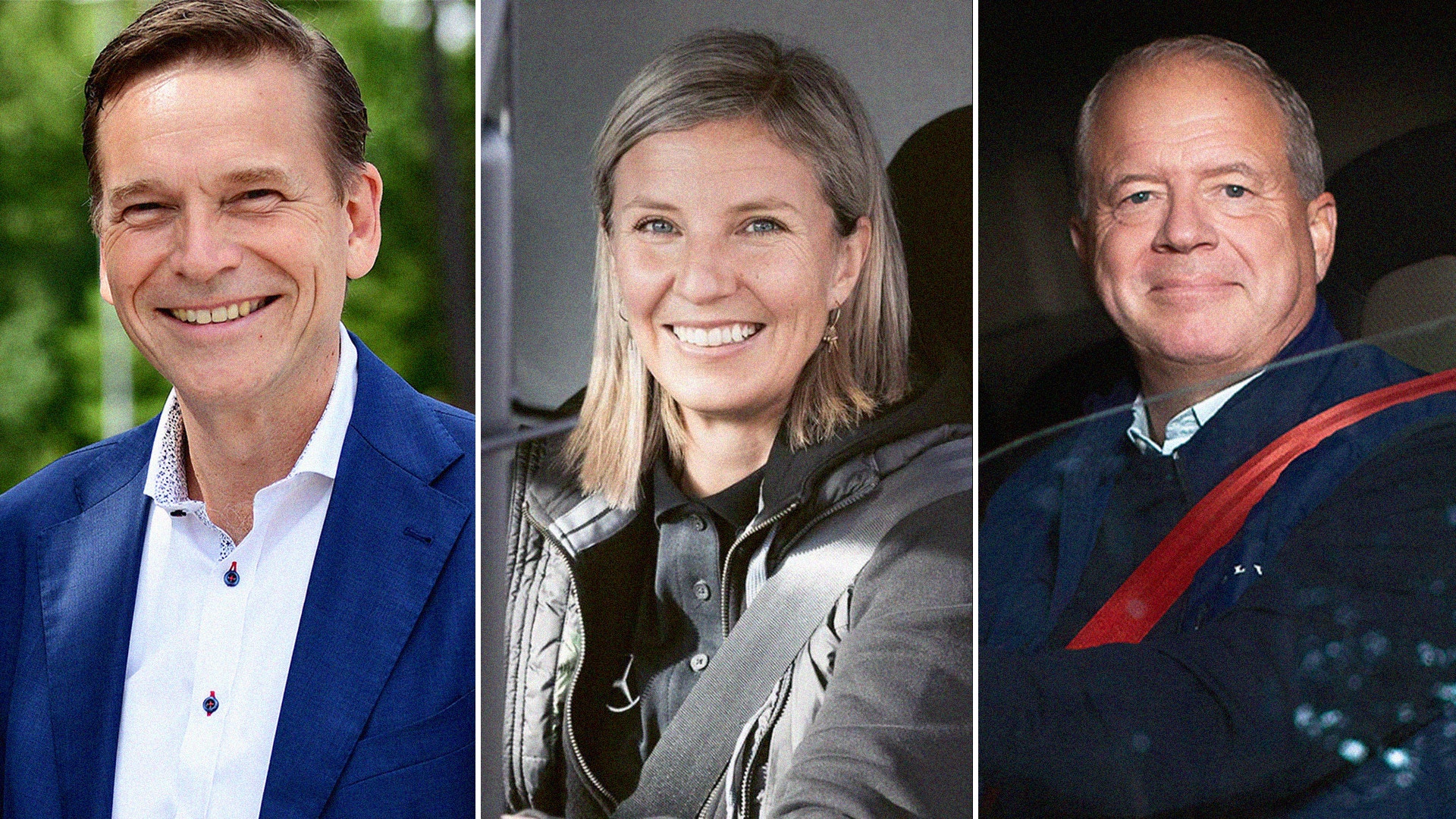 Tre porträttfoton av personer. Till vänster en man i blå kavaj, i mitten en kvinna med blont hår, och till höger en man i mörkblå tröja med röd rand.