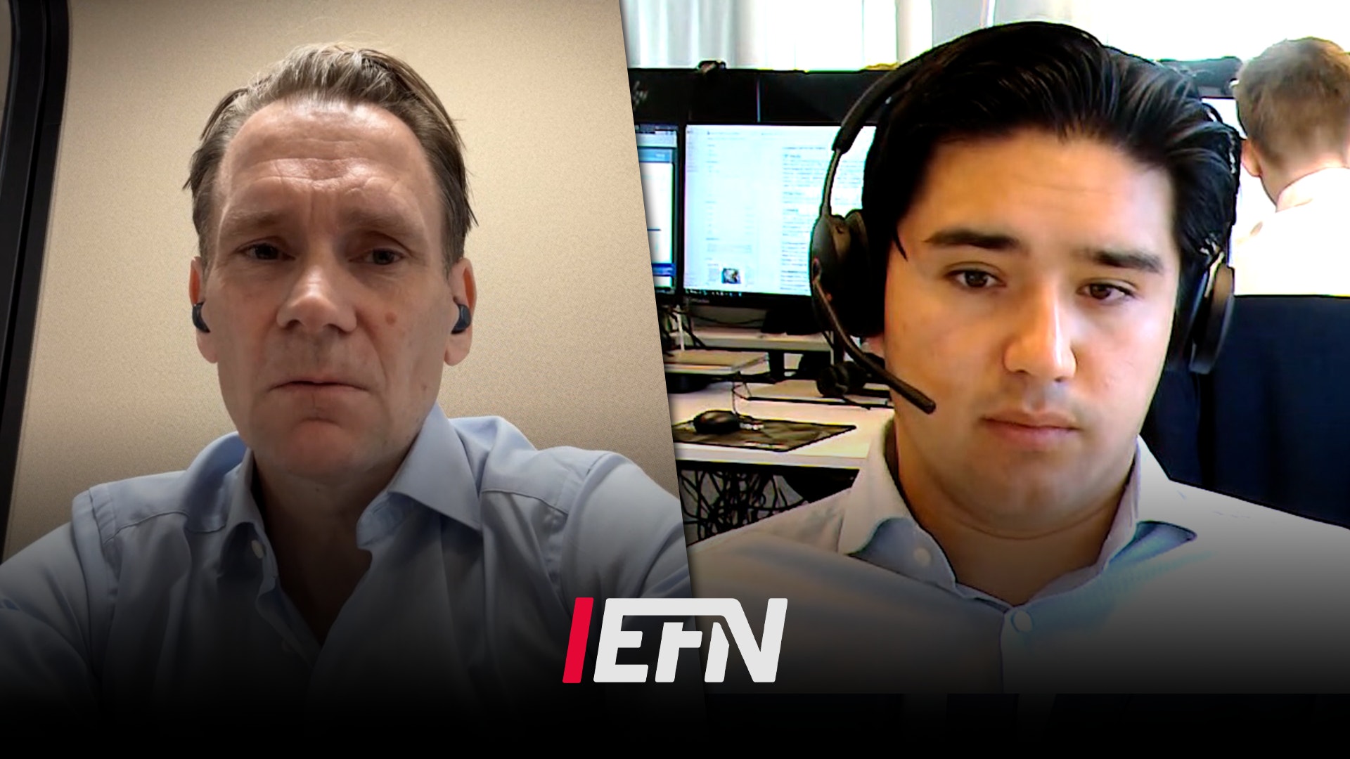 Två män i en videointervju. En man till vänster i ljusblå skjorta och en man till höger med headset. EFN-logotyp visas längst ned på bilden.