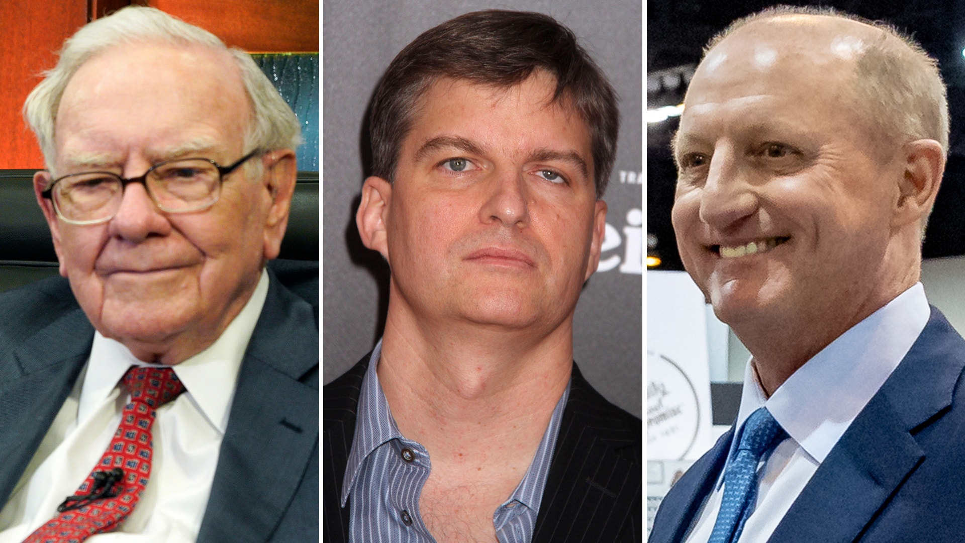 Porträttbild av tre män: Warren Buffett, Michael Burry och Greg Abel.