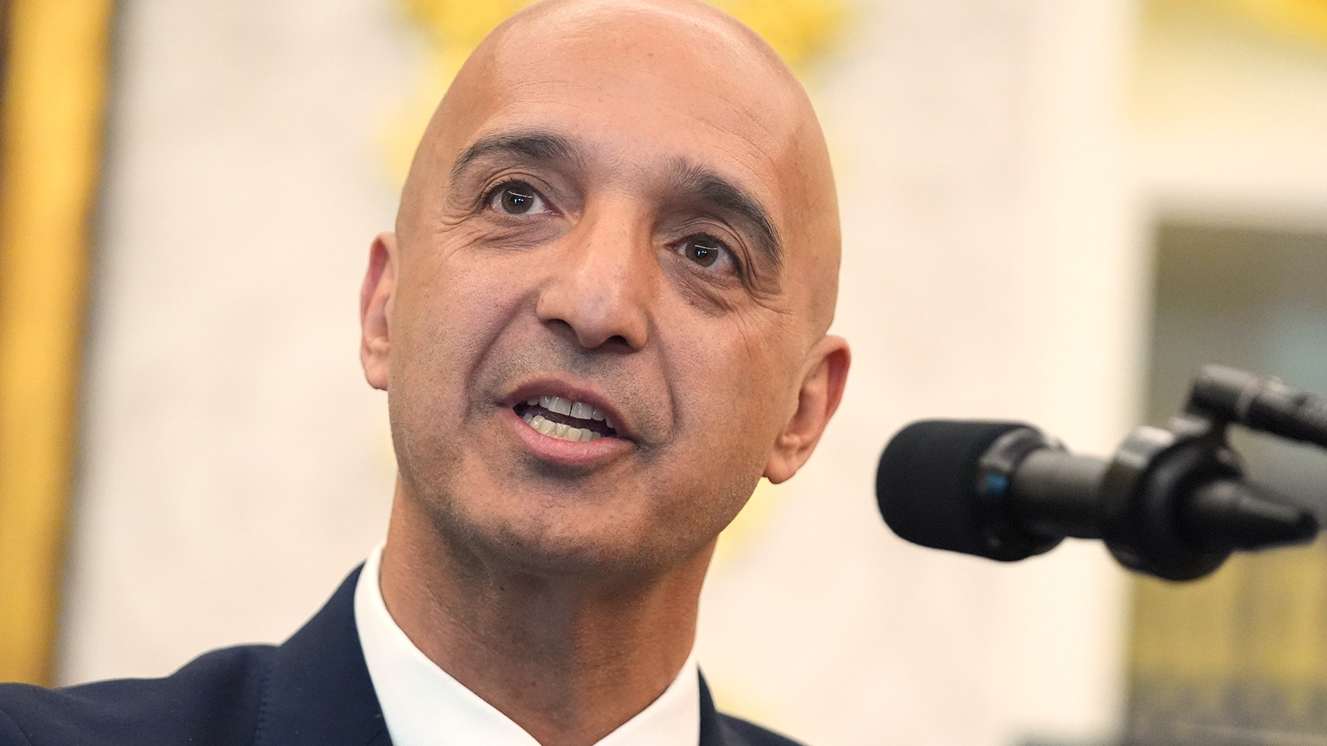 Novo Nordisks vd Mike Doustdar klädd i kostym talar vid en mikrofon