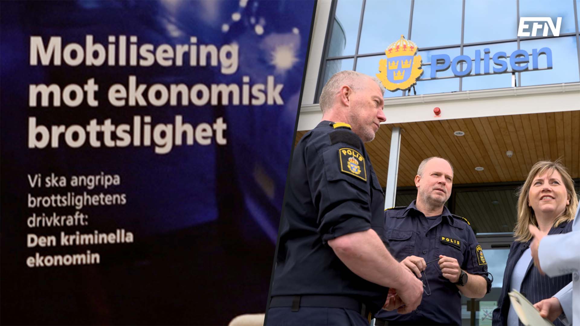 Ett montage med text till vänster, och tre personer, två män i polisuniform och en kvinna med kavaj, framför en polisen-skylt, till höger.