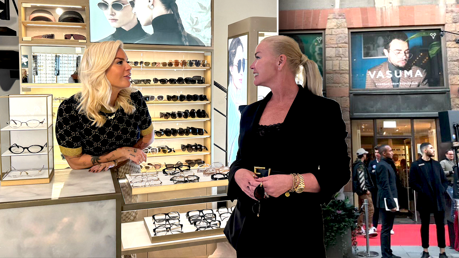 Sofia Opazo och Jessica Löwencrantz Rappe står i Stureoptikerns butik på Stureplan framför en vägg av glasögon.