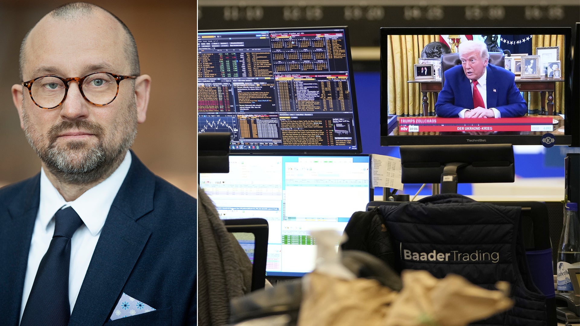 Porträtt av en man i kostym tillsammans med en bild av en handelsplats med datorskärmar och finansiell data.