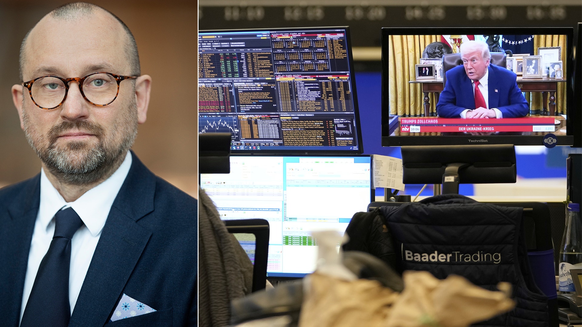 Porträtt av en man i kostym tillsammans med en bild av en handelsplats med datorskärmar och finansiell data.