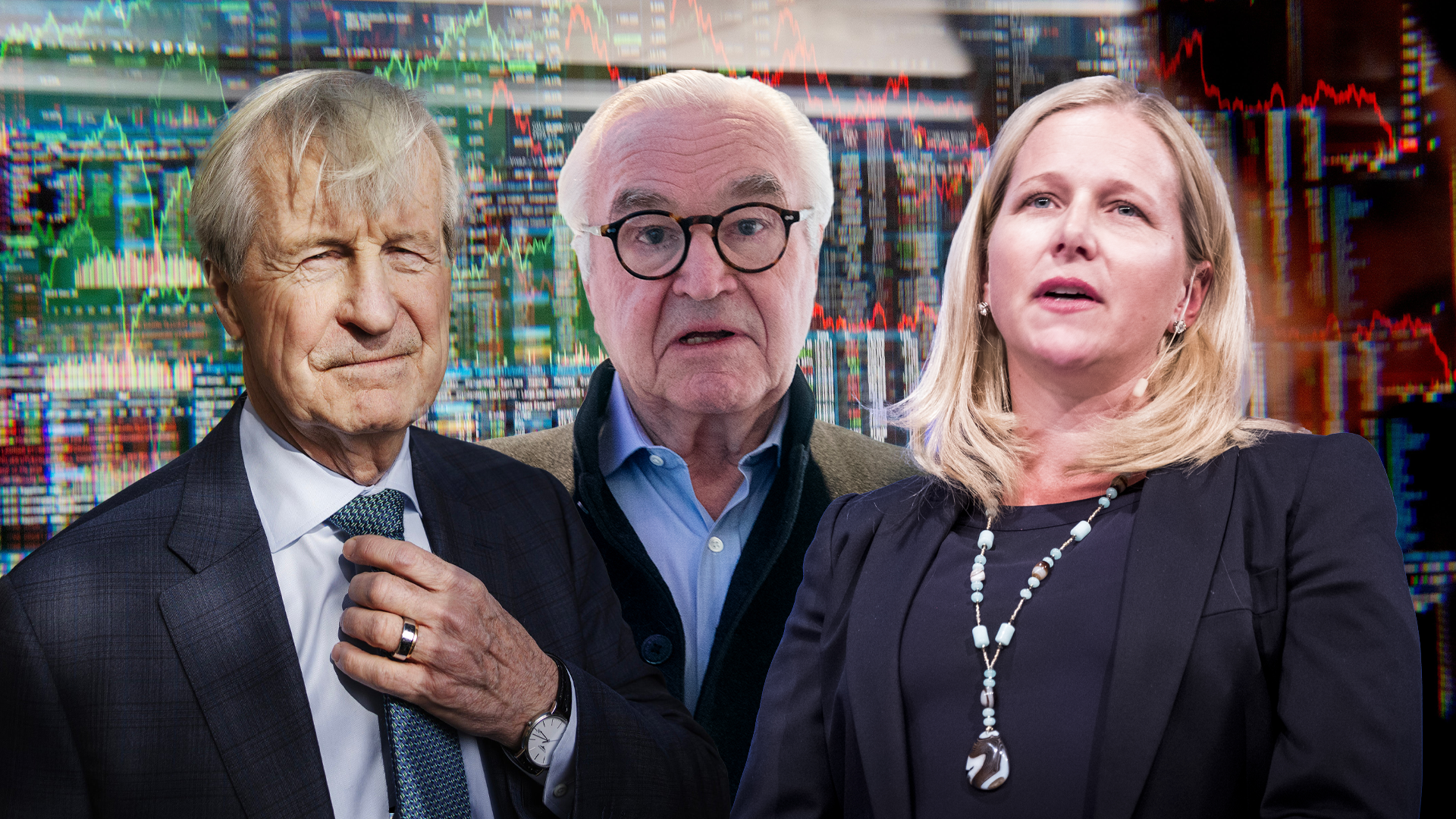 Tre finansprofessionella personer i affärskläder framför en bakgrund med aktiekurser och finansiella grafer.