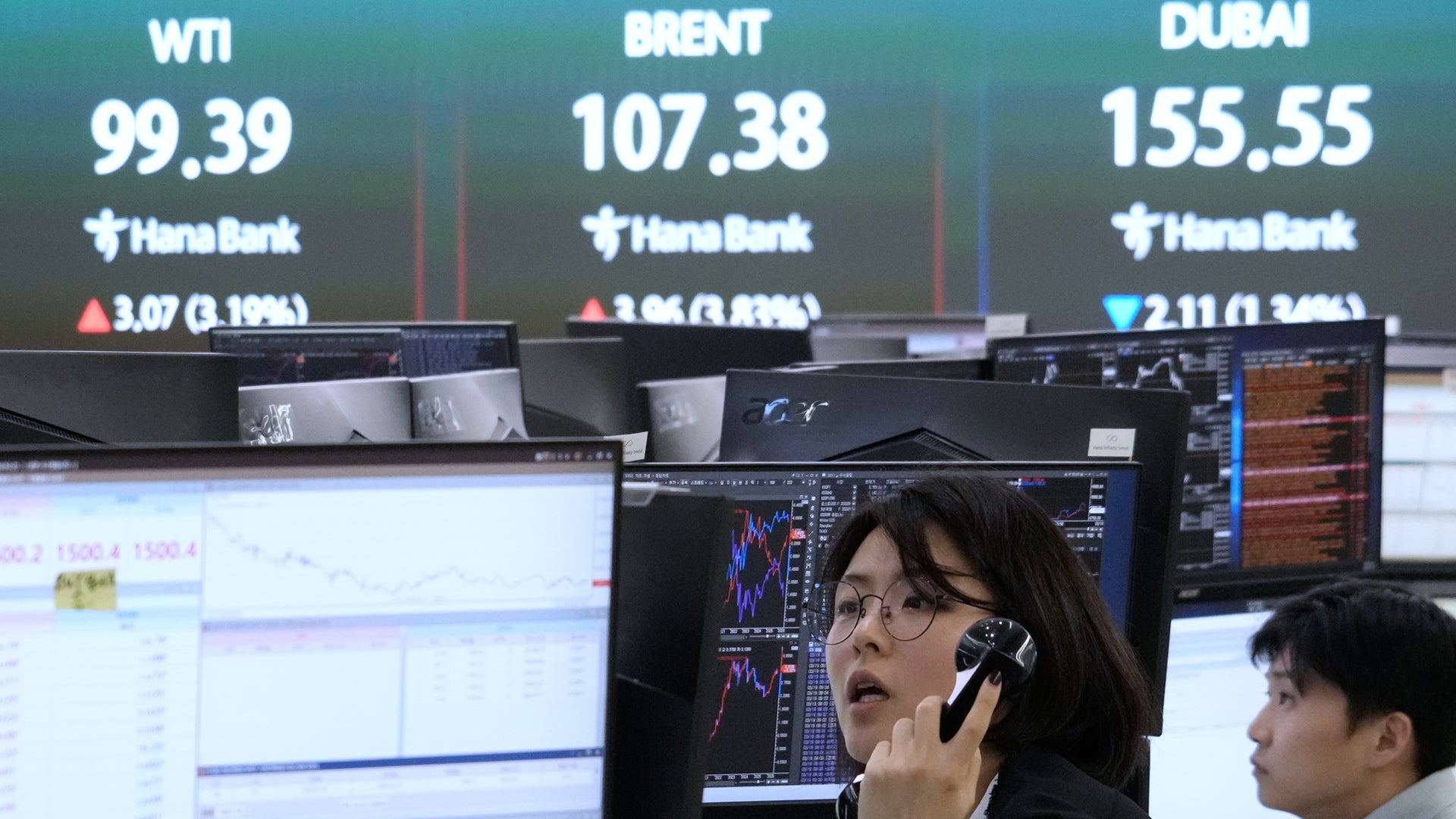 Två personer arbetar vid datorer på ett handelskontor. I bakgrunden visas stora skärmar med oljeprisinformation för WTI, Brent och Dubai-olja med aktuella priser och prisförändringar.