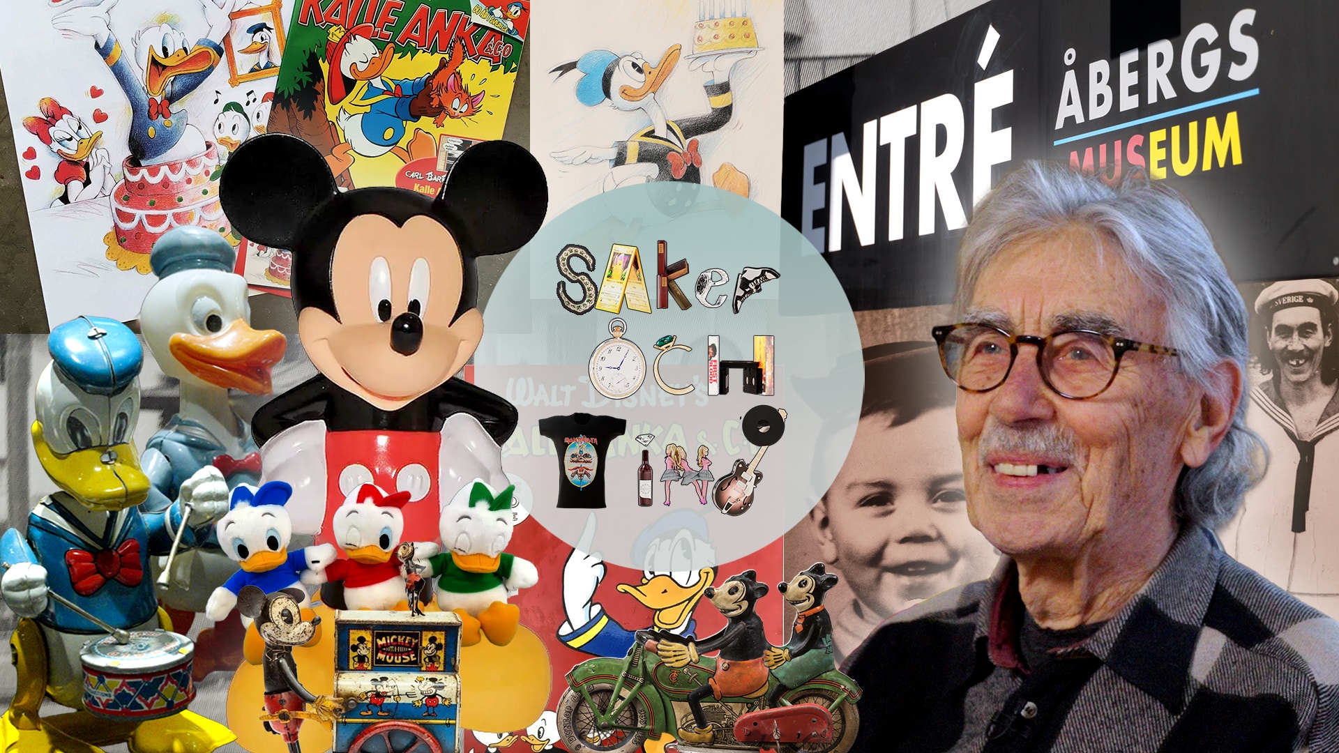 Kollage med Disneysamlingar och Lasse Åberg vid sitt museum