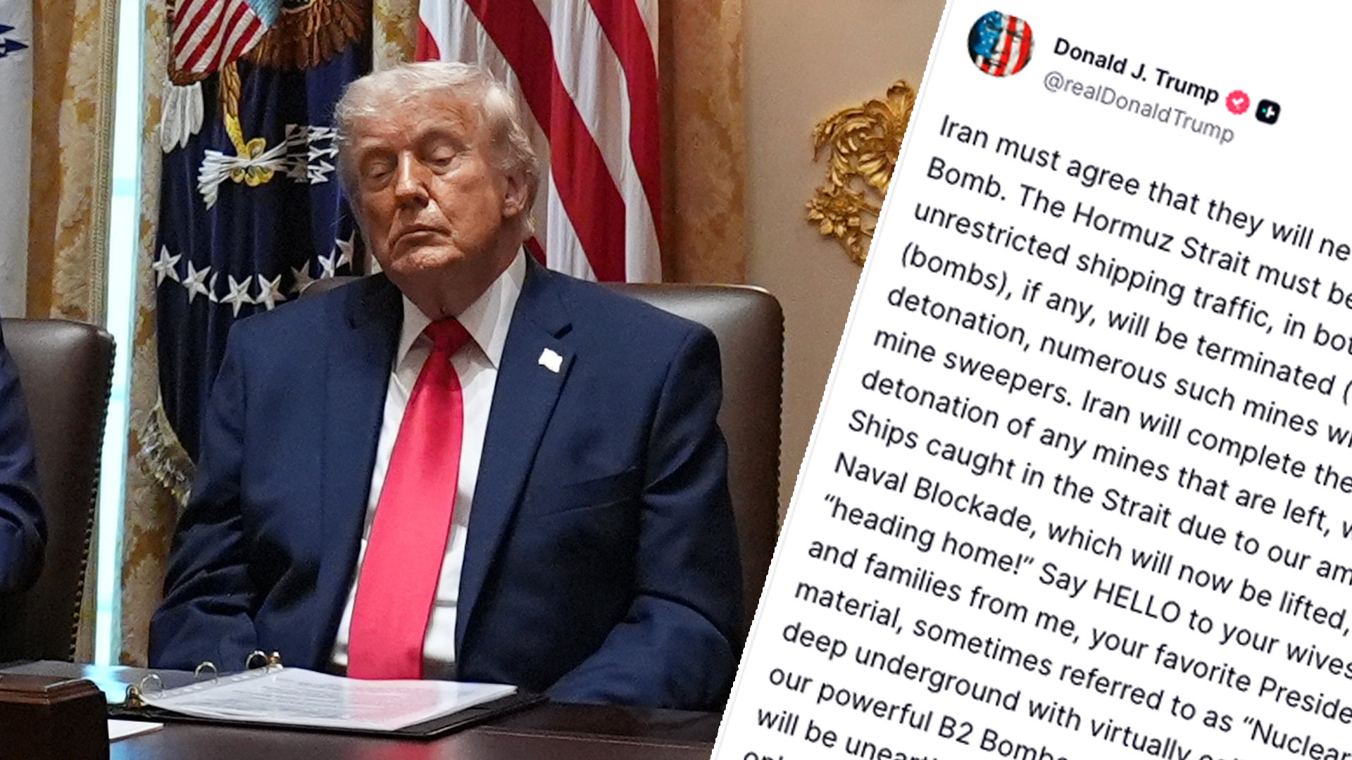 Skärmdump som visar en man i mörk kostym och röd slips vid ett skrivbord med amerikansk flagga i bakgrunden, tillsammans med en Twitter-post om Iran och militära hot.