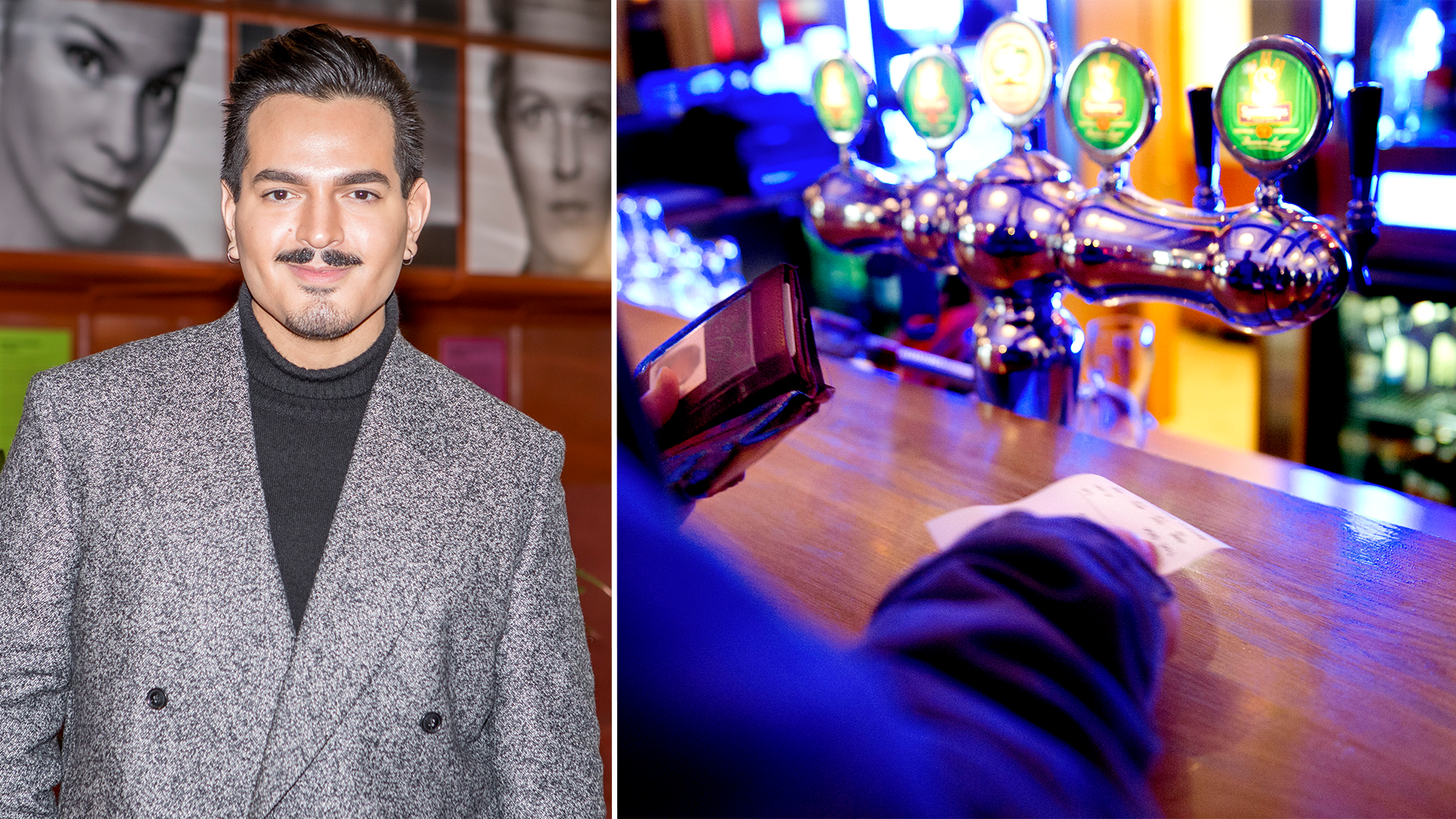 Porträttbild av en man i grå kavaj till vänster, och en podcast- eller radiostudio med mikrofon och färgade ljuseffekter till höger.