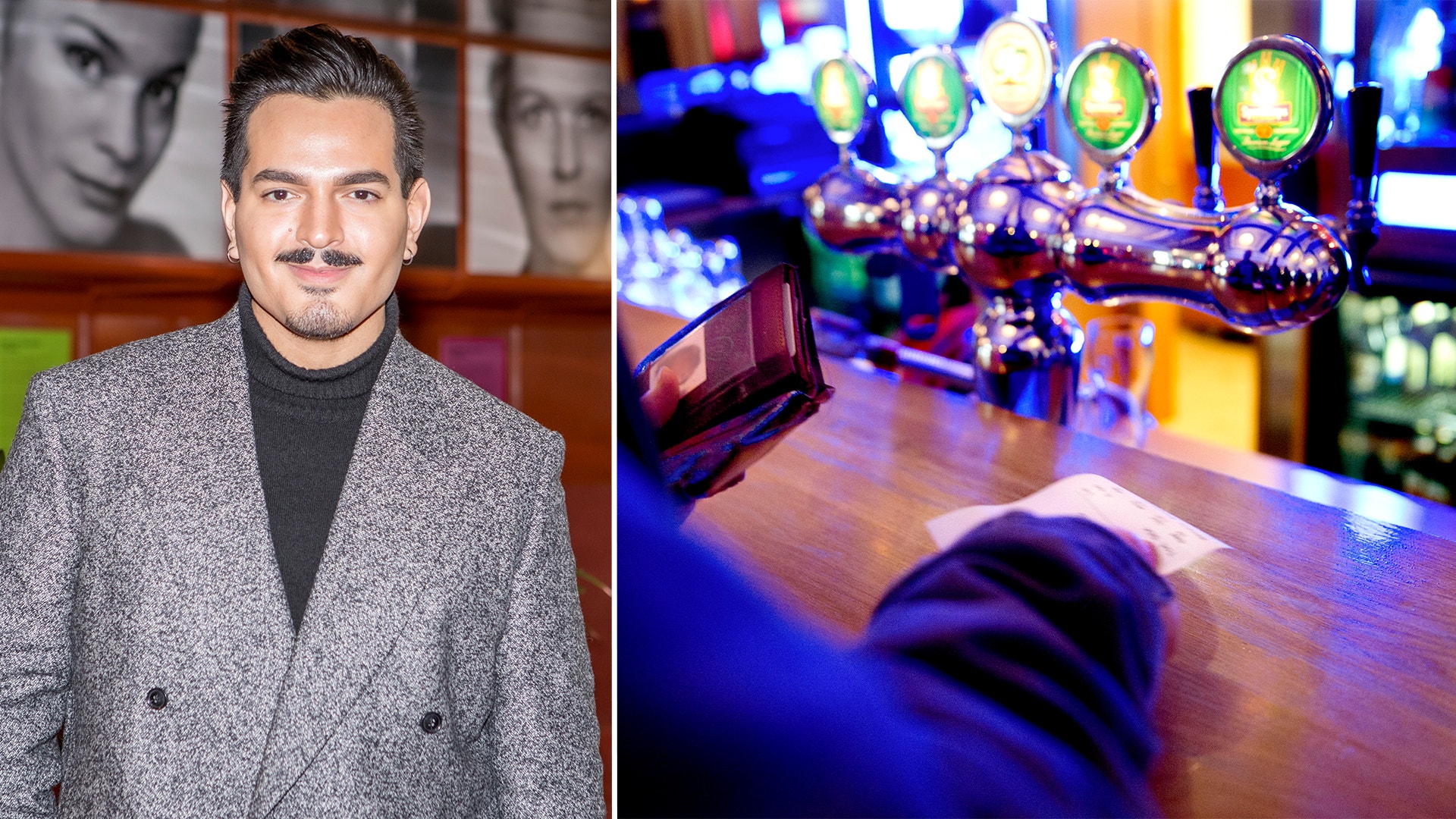 Porträttbild av en man i grå kavaj till vänster, och en podcast- eller radiostudio med mikrofon och färgade ljuseffekter till höger.
