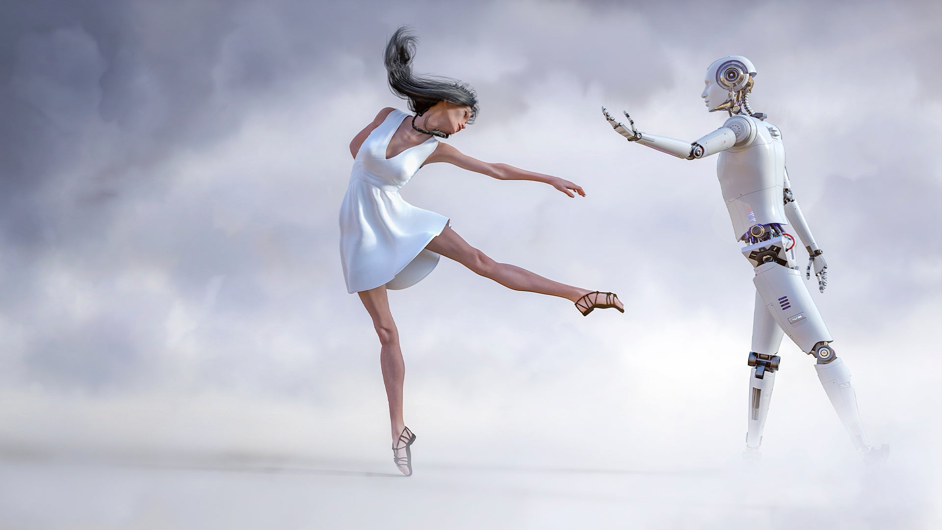 En ballerina i vit klänning dansar tillsammans med en humanoid robot mot en molnig himmel.