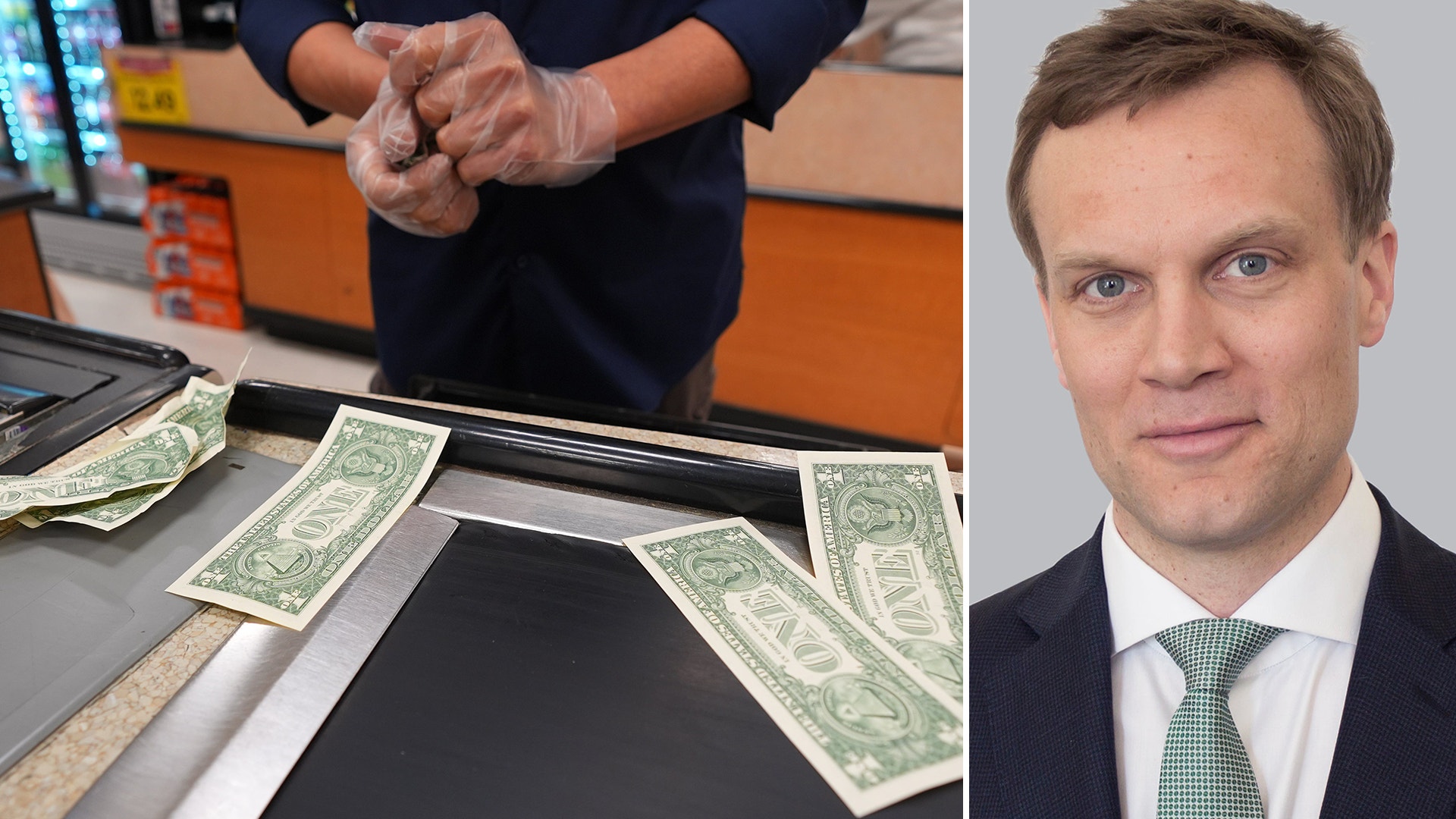 Sammansatt bild som visar amerikanska dollarsedlar som räknas vid ett växlingskontor, samt ett porträtt av en man i kostym och slips.
