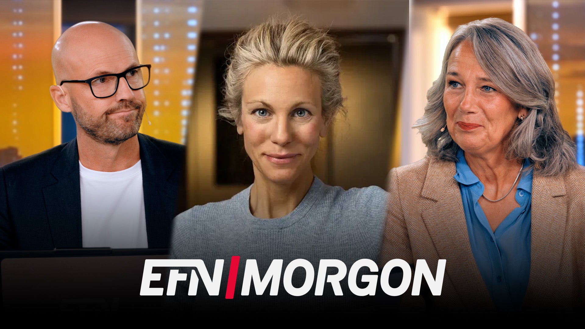 Tre programledare för EFN Morgon i en kollagebild med programmets logotyp.