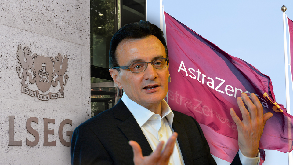 Londonbörsen till vänster, Astra Zenecas vd i mitten och Astra Zeneca-flaggor till höger.