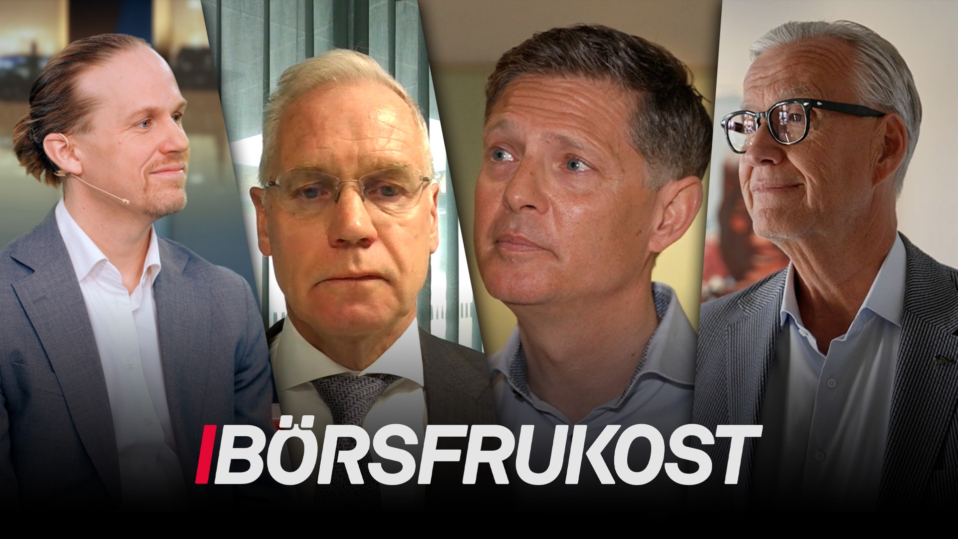 Fyra män i professionell miljö med texten Börsfrukost