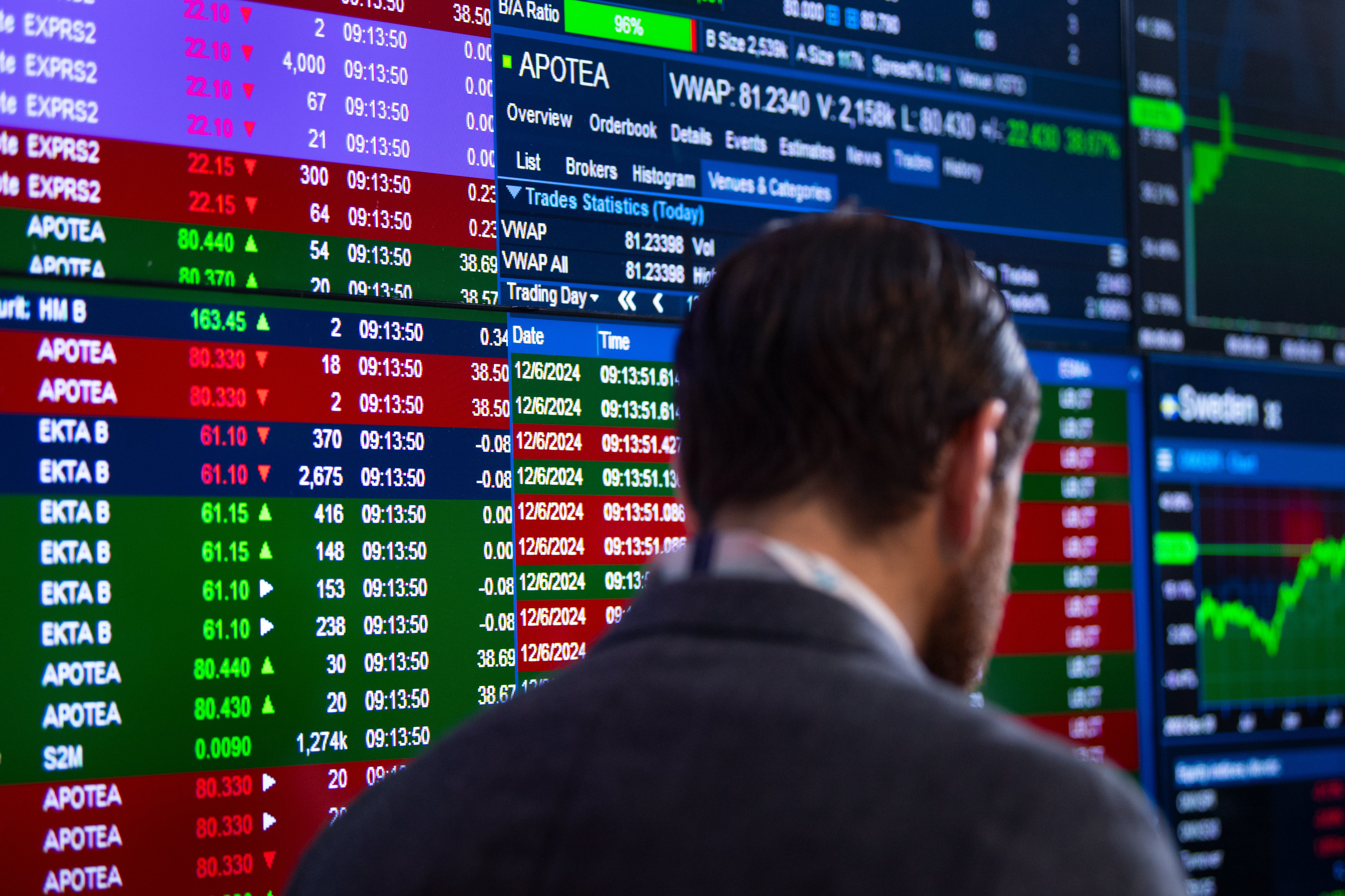 Person som tittar på en datorskärm med börskurser och finansiell marknadsdata.