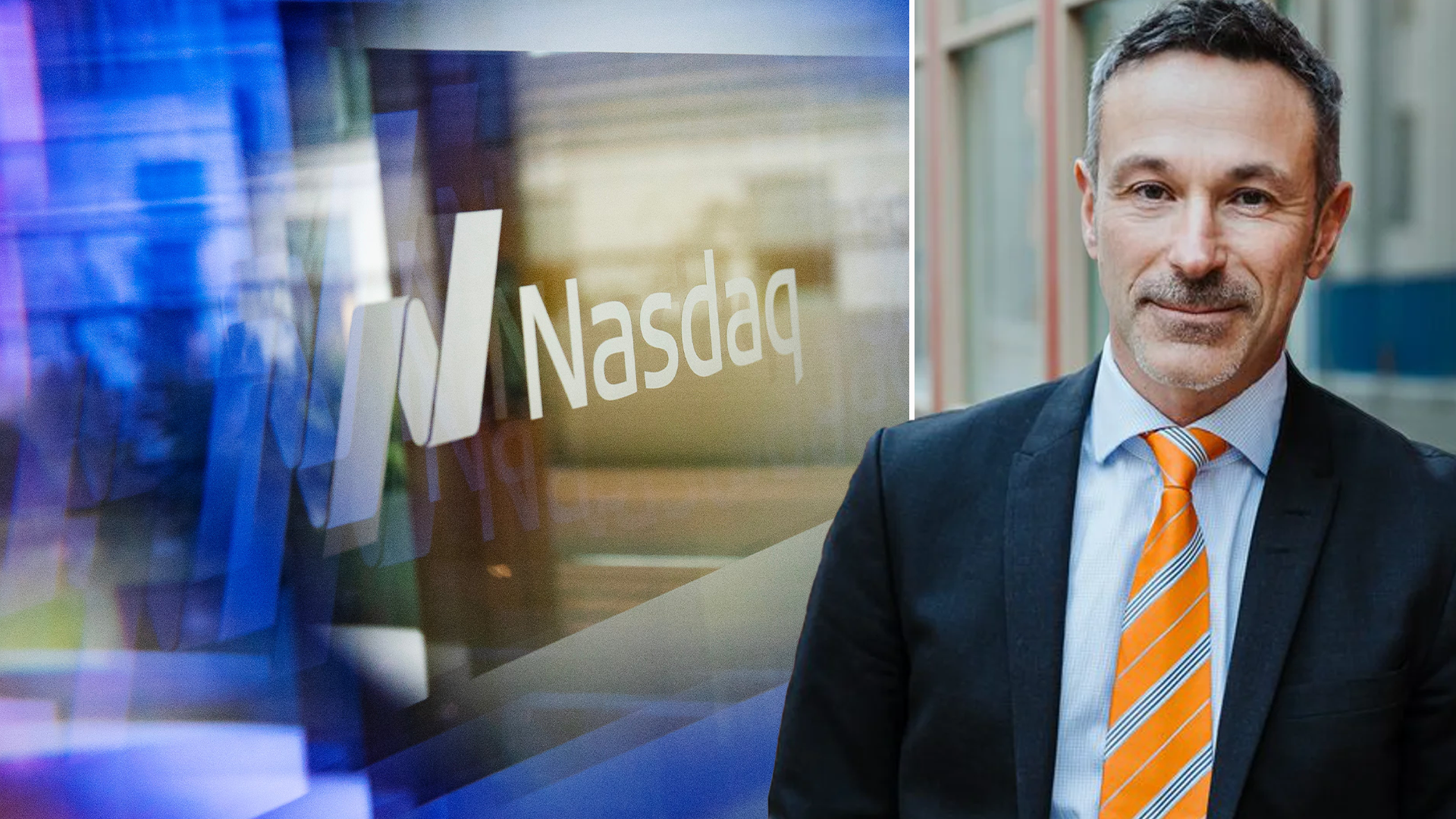 Oskar Ekman framför Nasdaq-logotypen