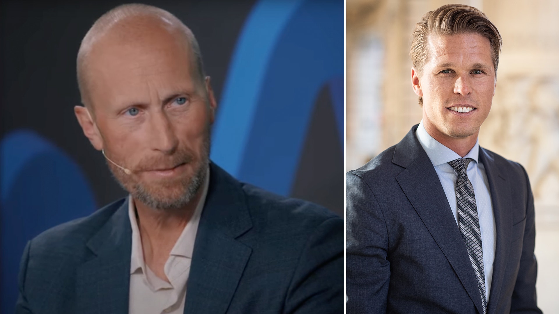 Två män i professionella porträtt. Till vänster en man med kort hår och skägg i mörkblå kavaj. Till höger en man i mörk kostym och grå slips.