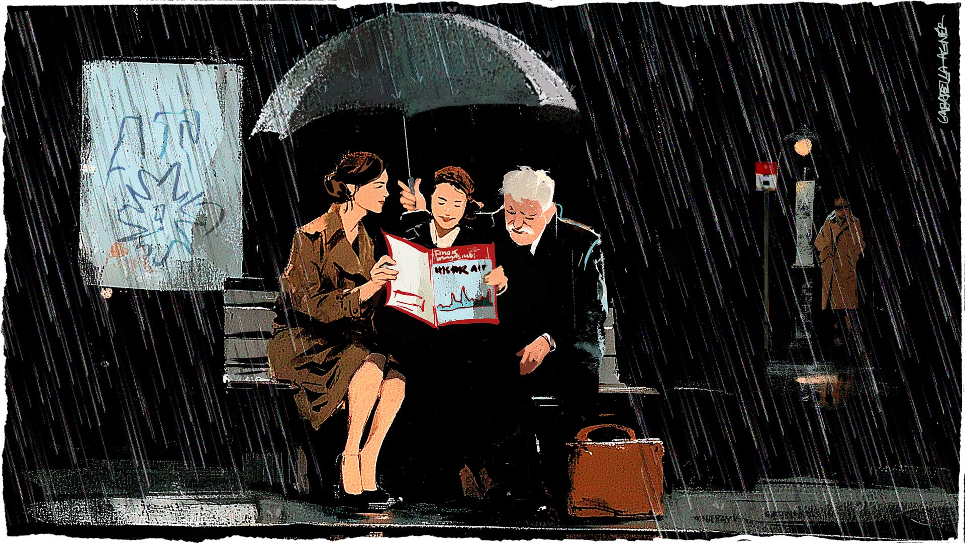 Två vuxna och ett barn sitter tillsammans under ett paraply i regnet och läser en bok tillsammans.