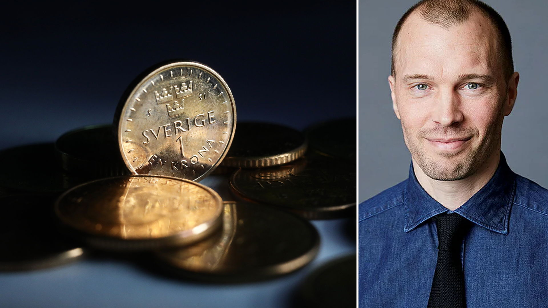 Två bilder: till vänster en svensk krona-mynt med dramatisk belysning, till höger ett porträtt av en man i jeanshemd och slips.