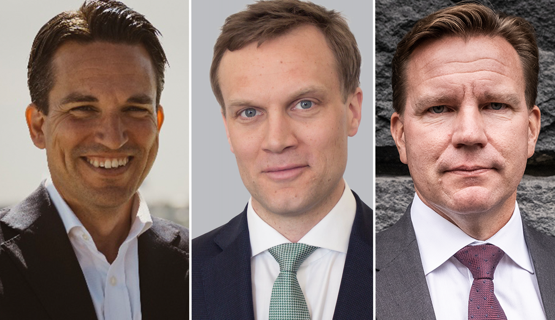 Tre porträttbilder av män i kostym, sida vid sida.