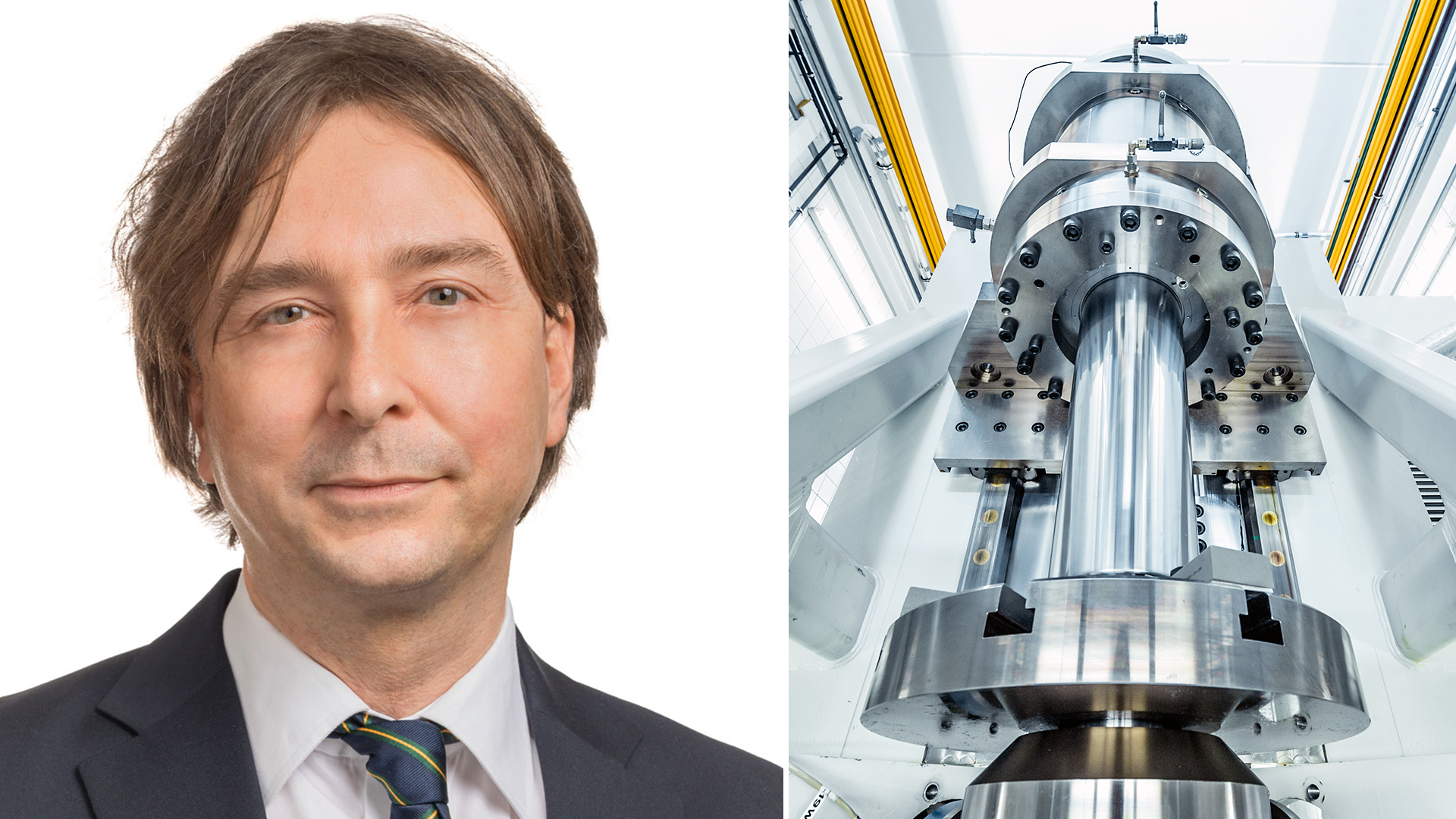 Porträtt av en man i affärsdräkt på vänster sida, kombinerat med en detaljerad teknisk bild av en raketmotor eller rymdfarkoststkomponent på höger sida, visad från en symmetrisk underifrånperspektiv.