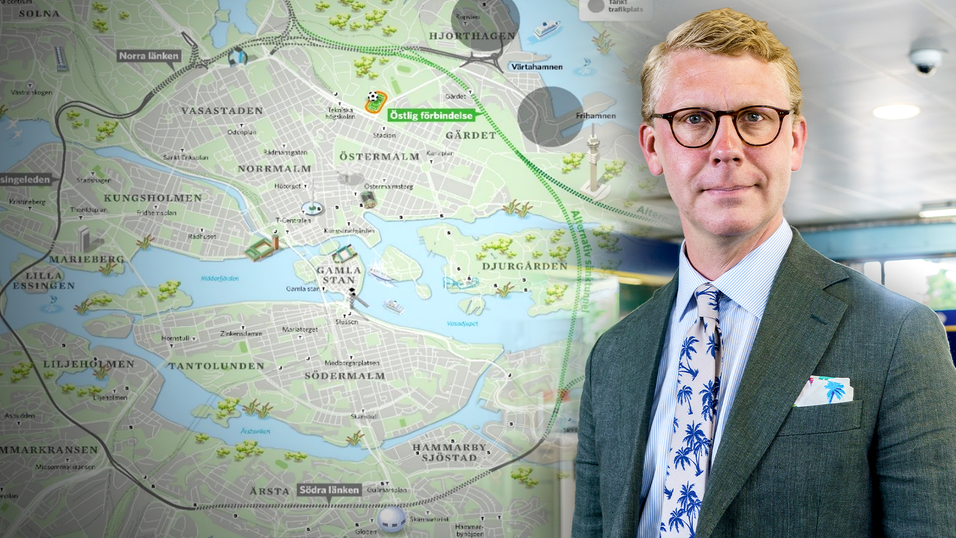 Kristoffer Tamsons, oppositionsregionråd Region Stockholm och en karta över Östlig förbindelse.