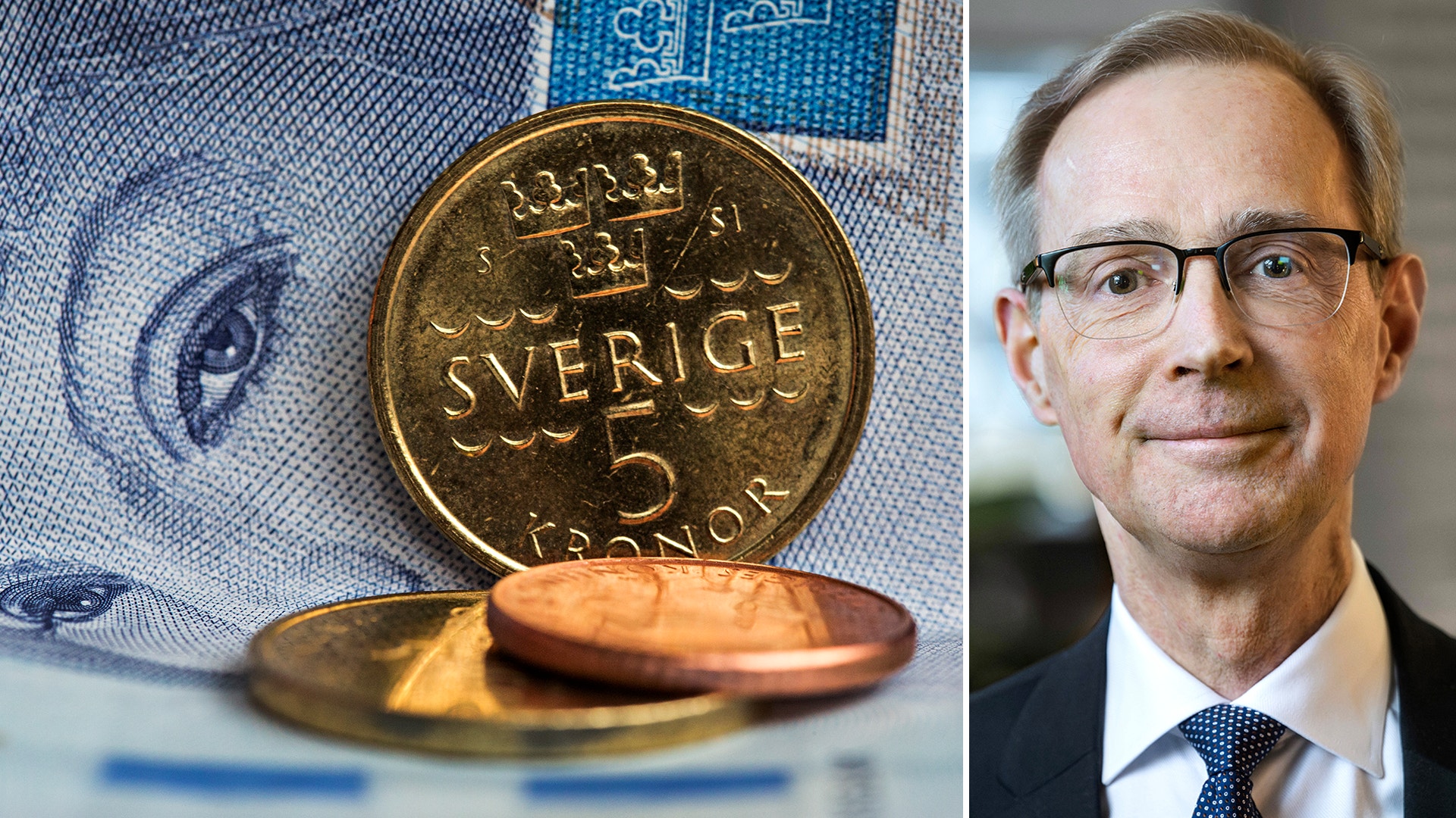 Sammansatt bild med svenska mynt och sedel på vänster sida, och ett porträtt av en man med glasögon på höger sida.