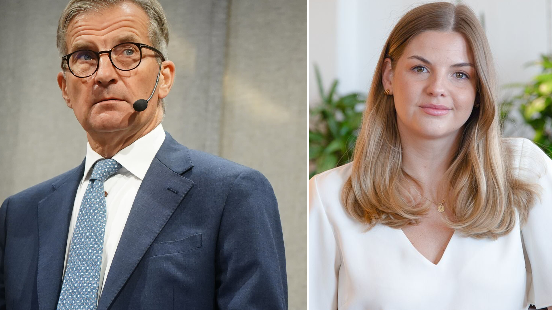 Porträttfoto av två personer: en äldre man i blå kostym med headset och en kvinna med långt brunt hår i vit blus.