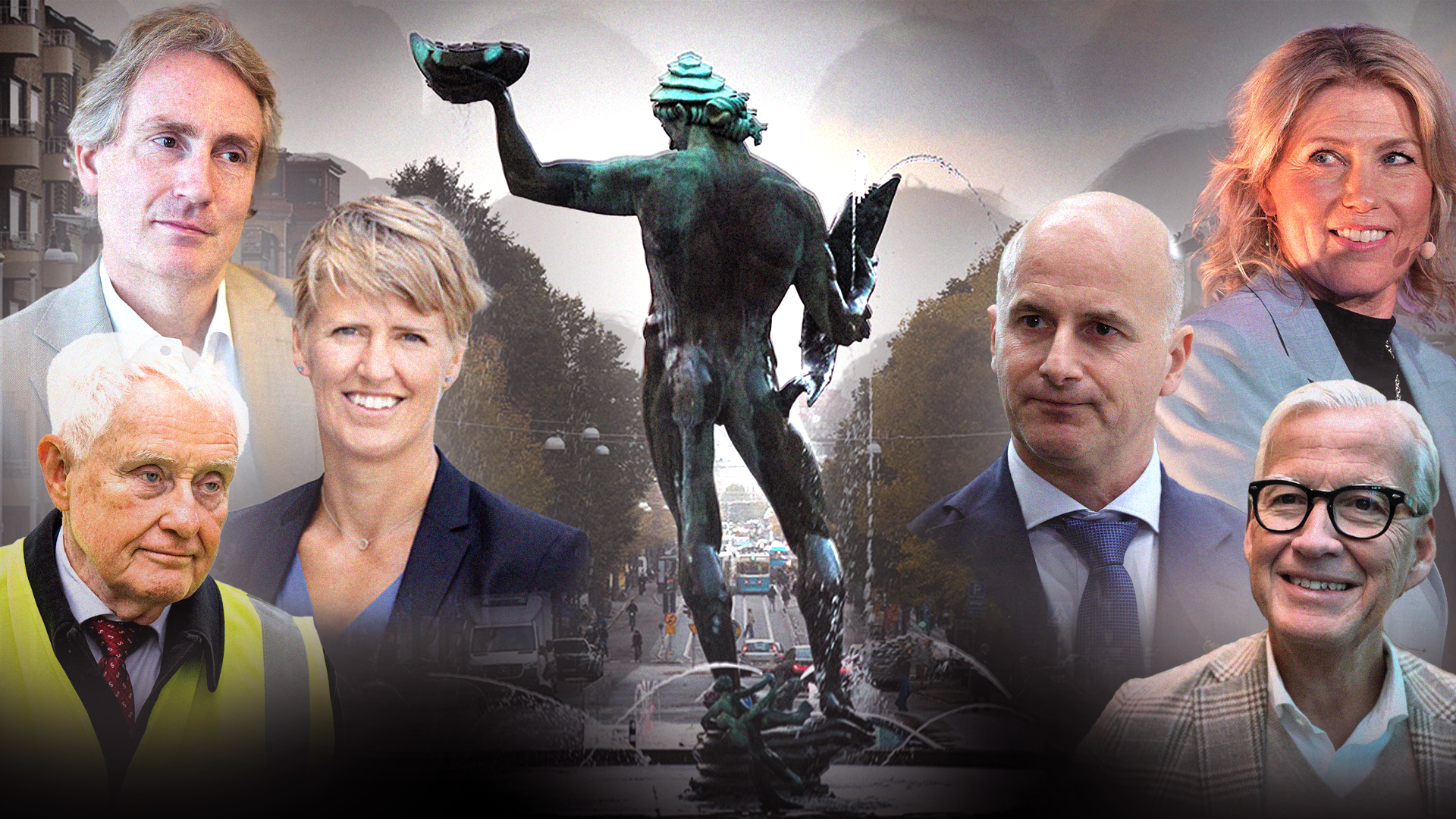 Collage med sex personer i affärskläder runt statyn Poseidon på Götaplatsen i Göteborg.