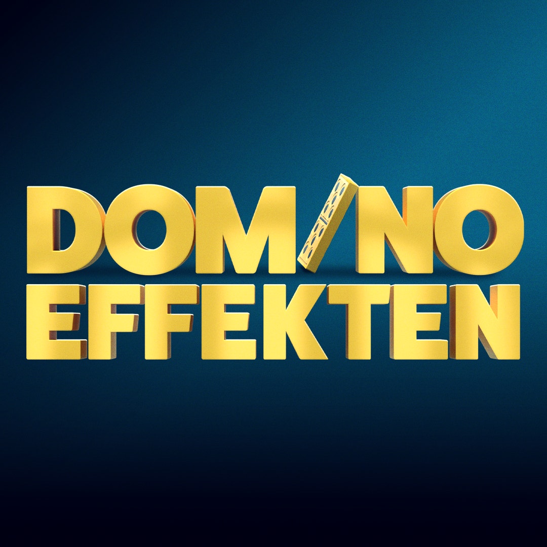 Podcast-omslag för Domino Effekten med gul text på mörkblå bakgrund
