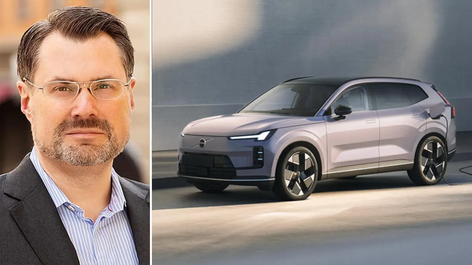 Porträtt av en man med glasögon och en modern elektrisk SUV i silver.