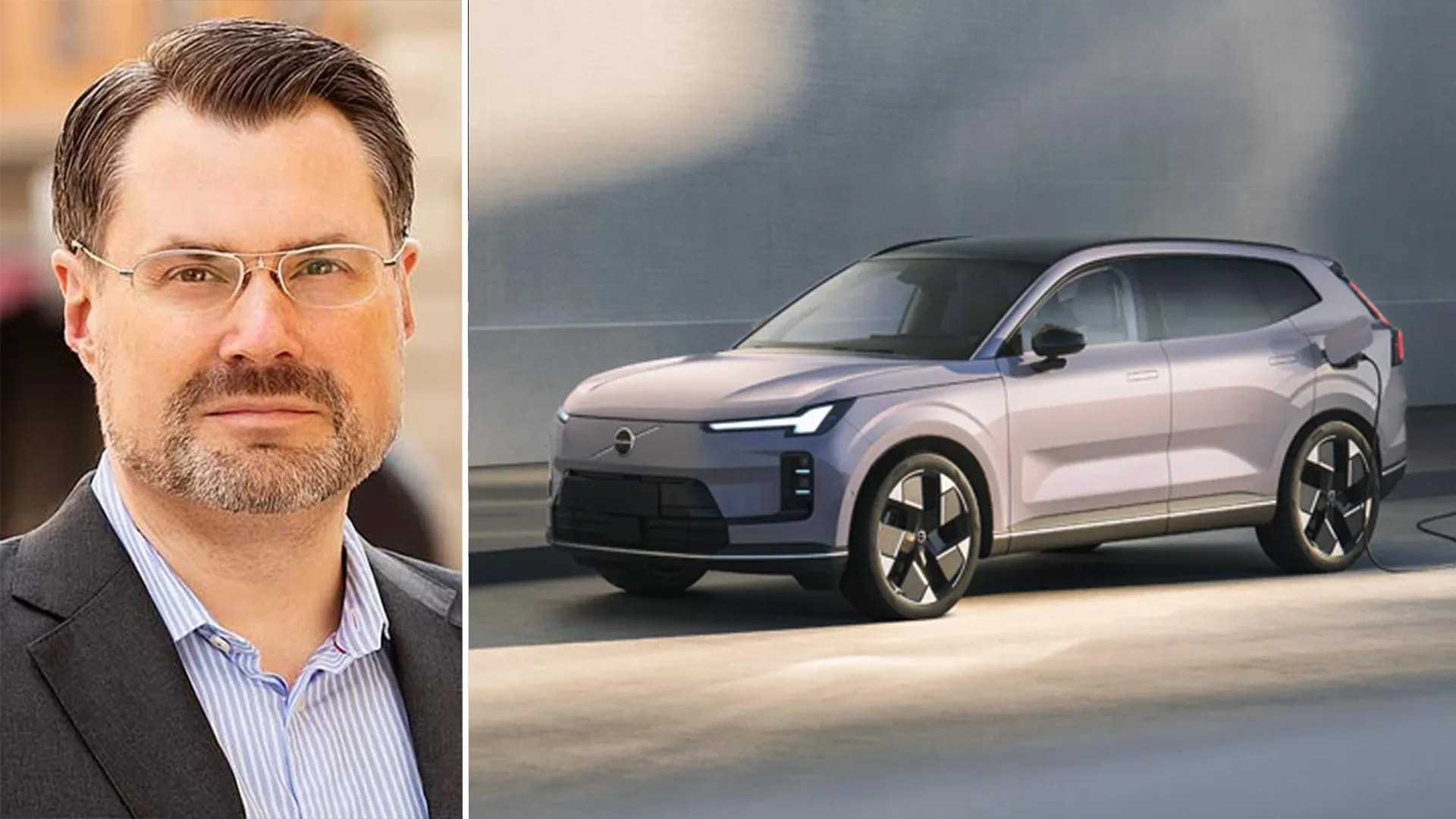Porträtt av en man med glasögon och en modern elektrisk SUV i silver.