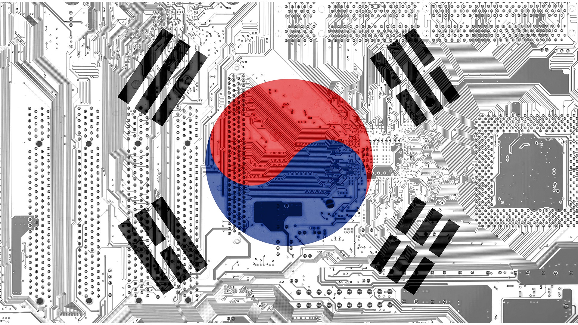 Sydkoreas flagga med röd och blå cirkel omgiven av fyra flaggor på en bakgrund av elektroniska kretskortsmönster.