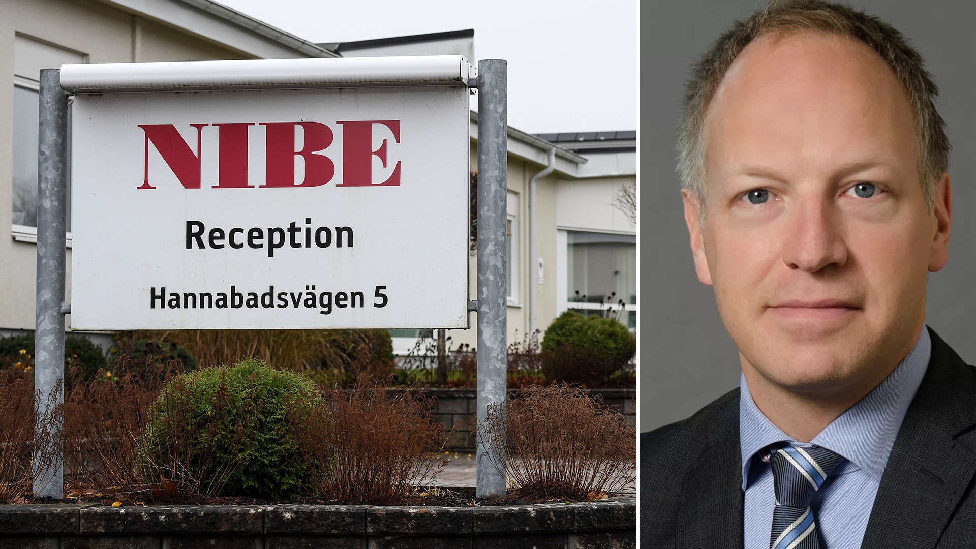 NIBE-skylt med receptionen och en porträttbild av en man i kostym.