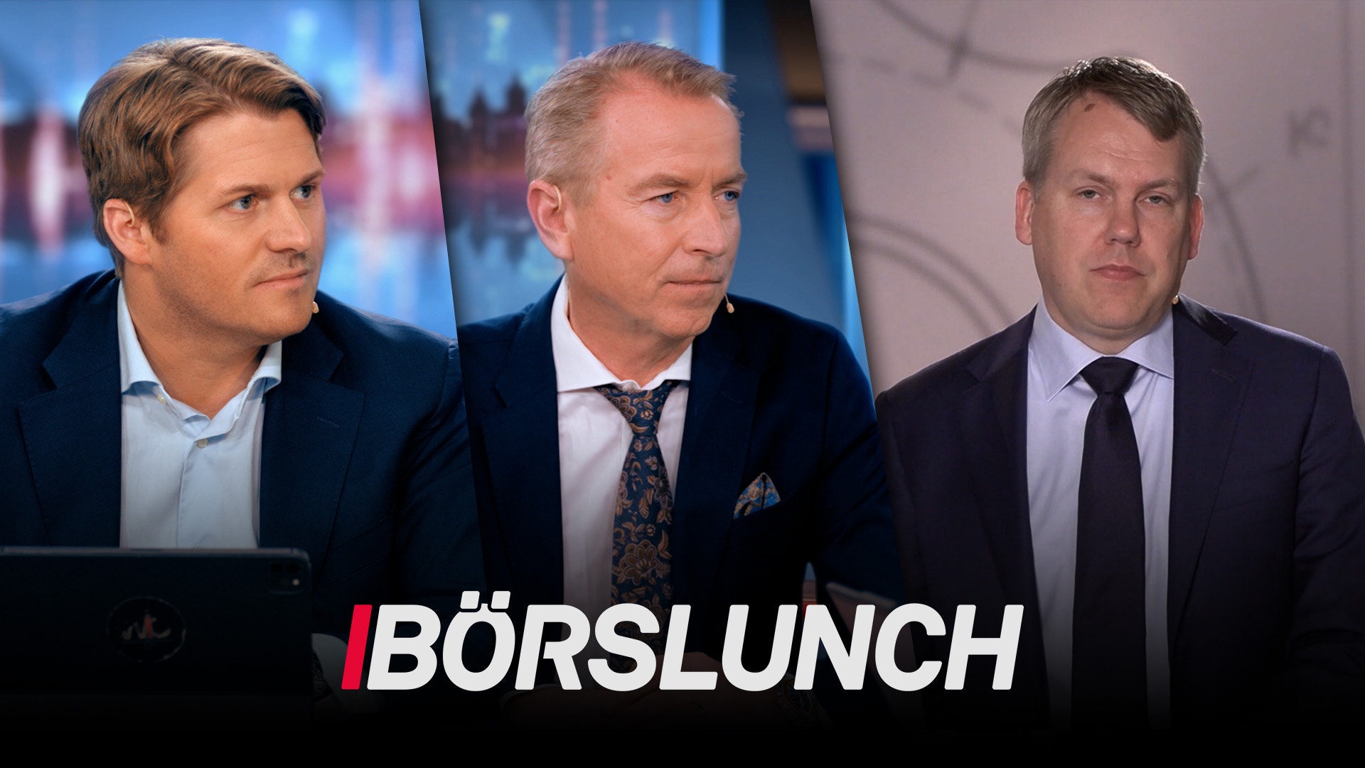 Tre män i affärsdräkt sitter i en TV-studio för programmet Börslunch.
