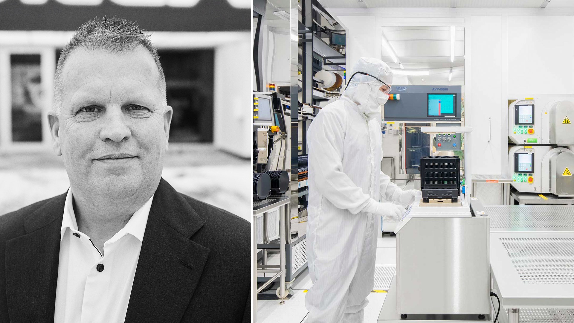 Porträtt av man i kostym bredvid bild av tekniker i skyddsdräkt som arbetar med elektronisk utrustning i laboratorium.
