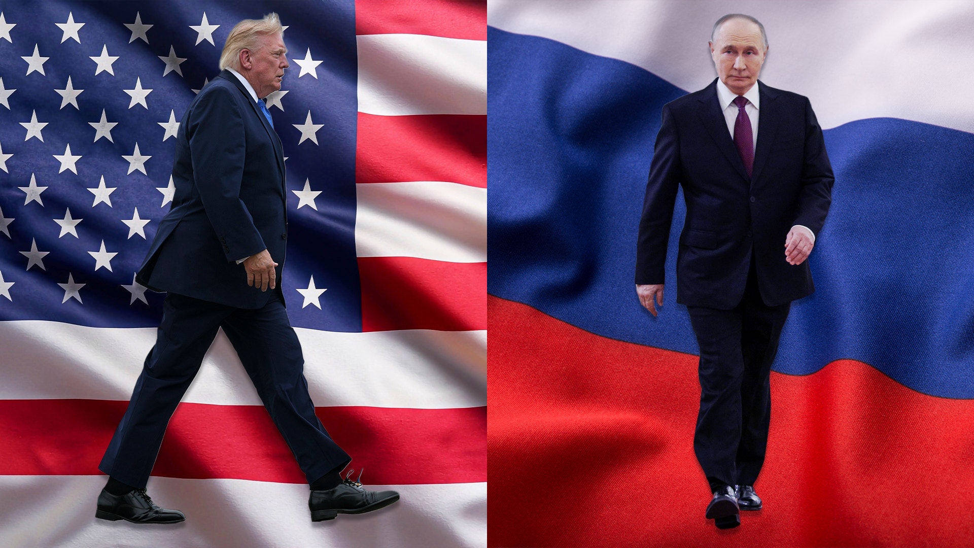 Sammansatt bild som visar två män i mörka kostymer mot bakgrunden av amerikanska och ryska flaggor.