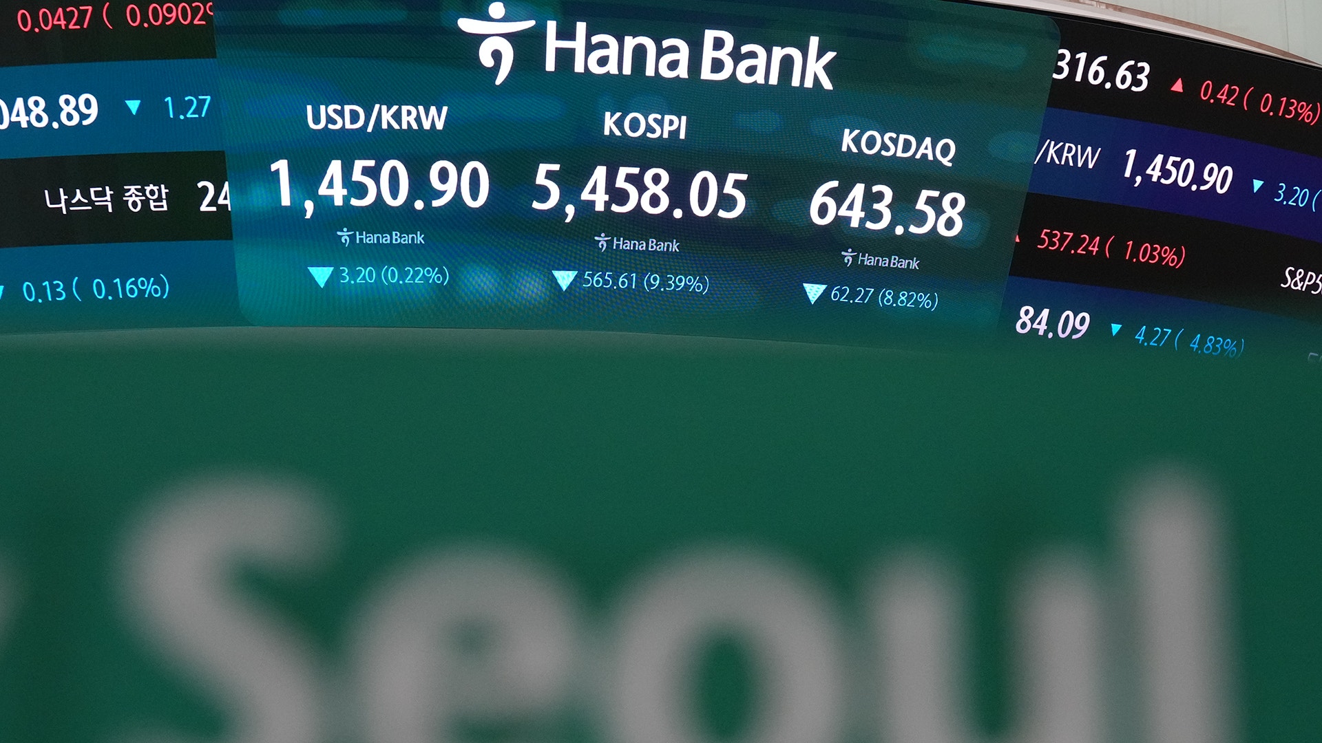 Skärmdump från Hana Bank som visar asiatiska aktieindex och valutakurser, inklusive KOSPI-index och andra finansiella nyckeltal.