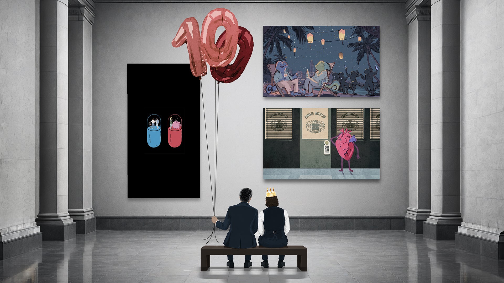 Två personer sitter på en bänk i ett museum och betraktar väggkonst. På väggarna hänger olika konstverk inklusive en målning med rosa ballonger, ett mörkt verk med blå och röda element, och andra illustrationer.